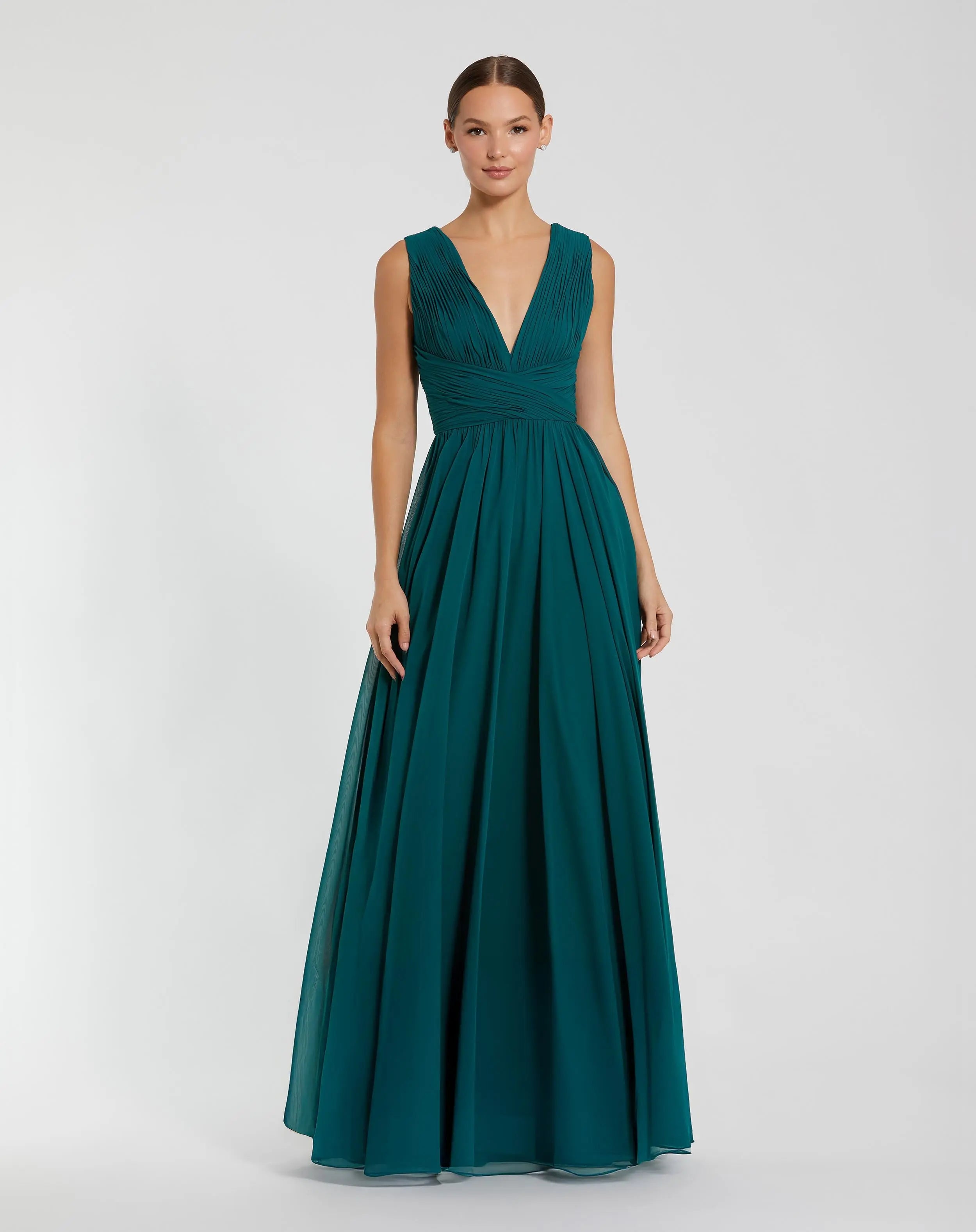 Teal Sleeveless Ruched V Neck Chiffon Gown-Myartka