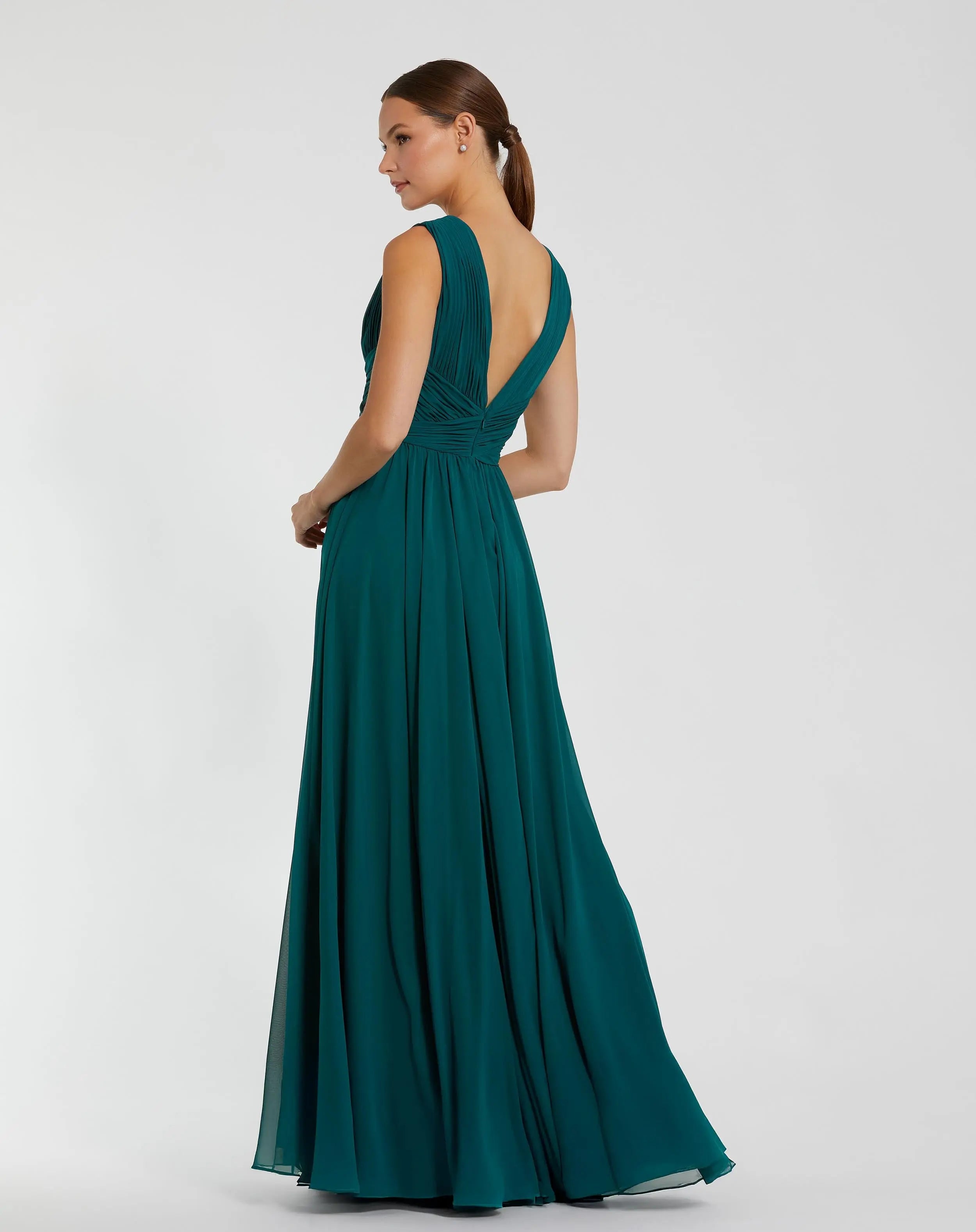 Teal Sleeveless Ruched V Neck Chiffon Gown-Myartka