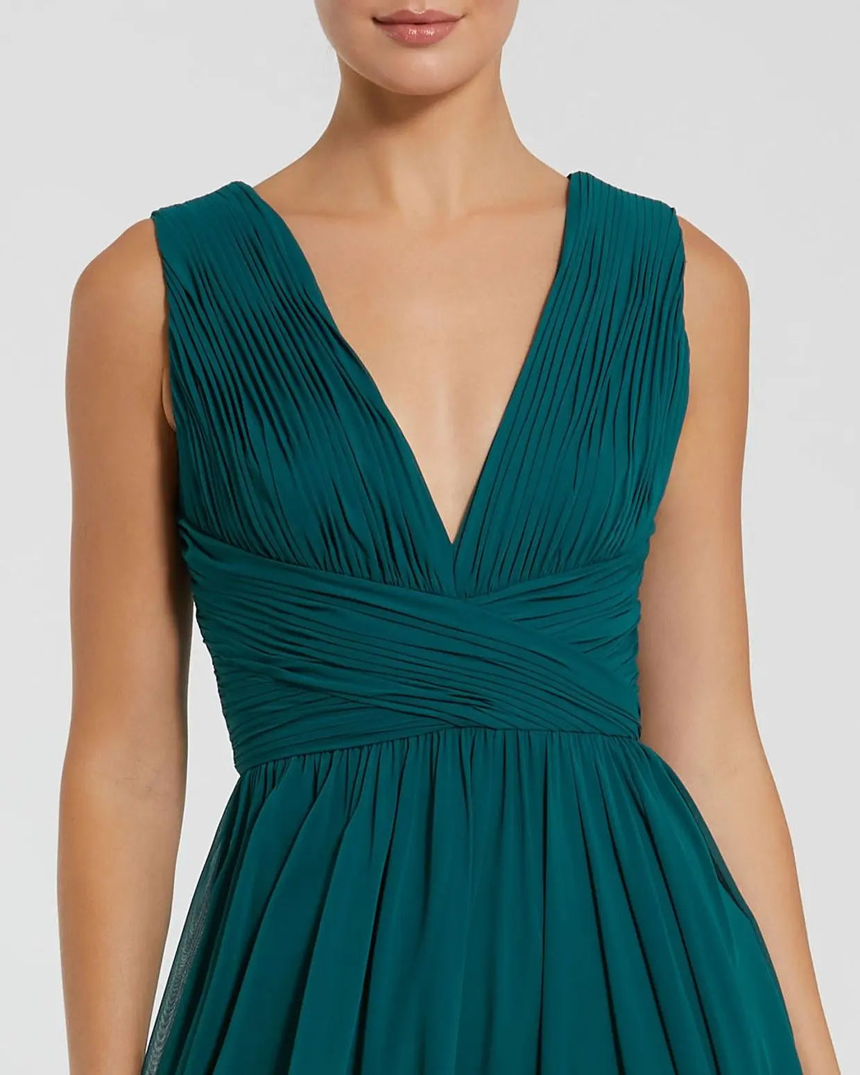Teal Sleeveless Ruched V Neck Chiffon Gown-Myartka