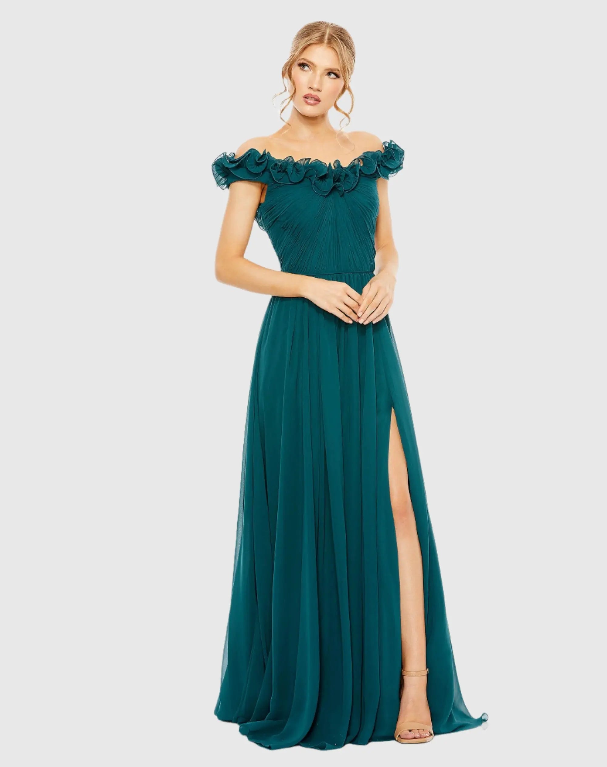 Teal Ruched Off The Shoulder A Line Gown - FINAL SALE-Myartka
