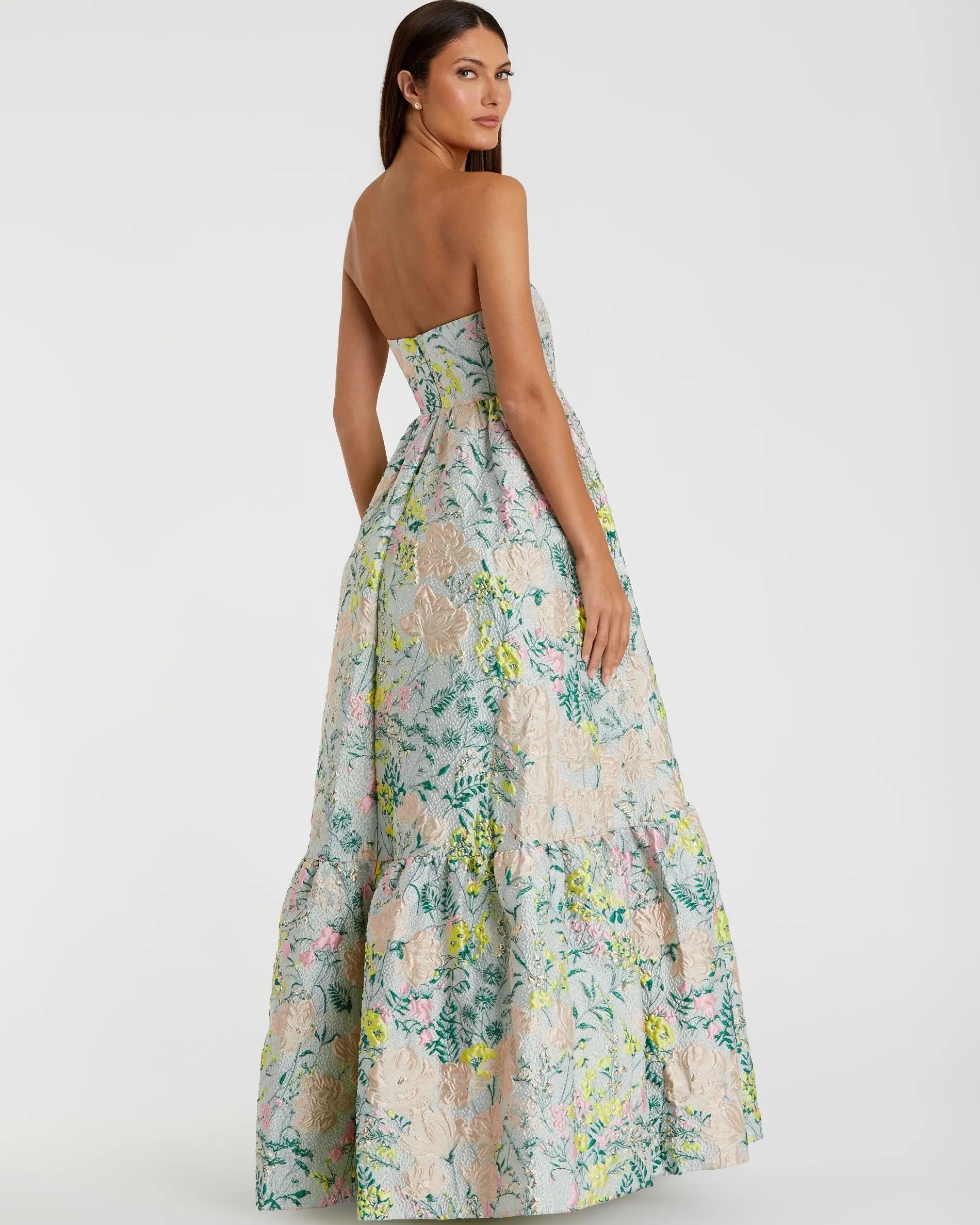 Multicolor Strapless Floral Brocade A-Line Gown-Myartka