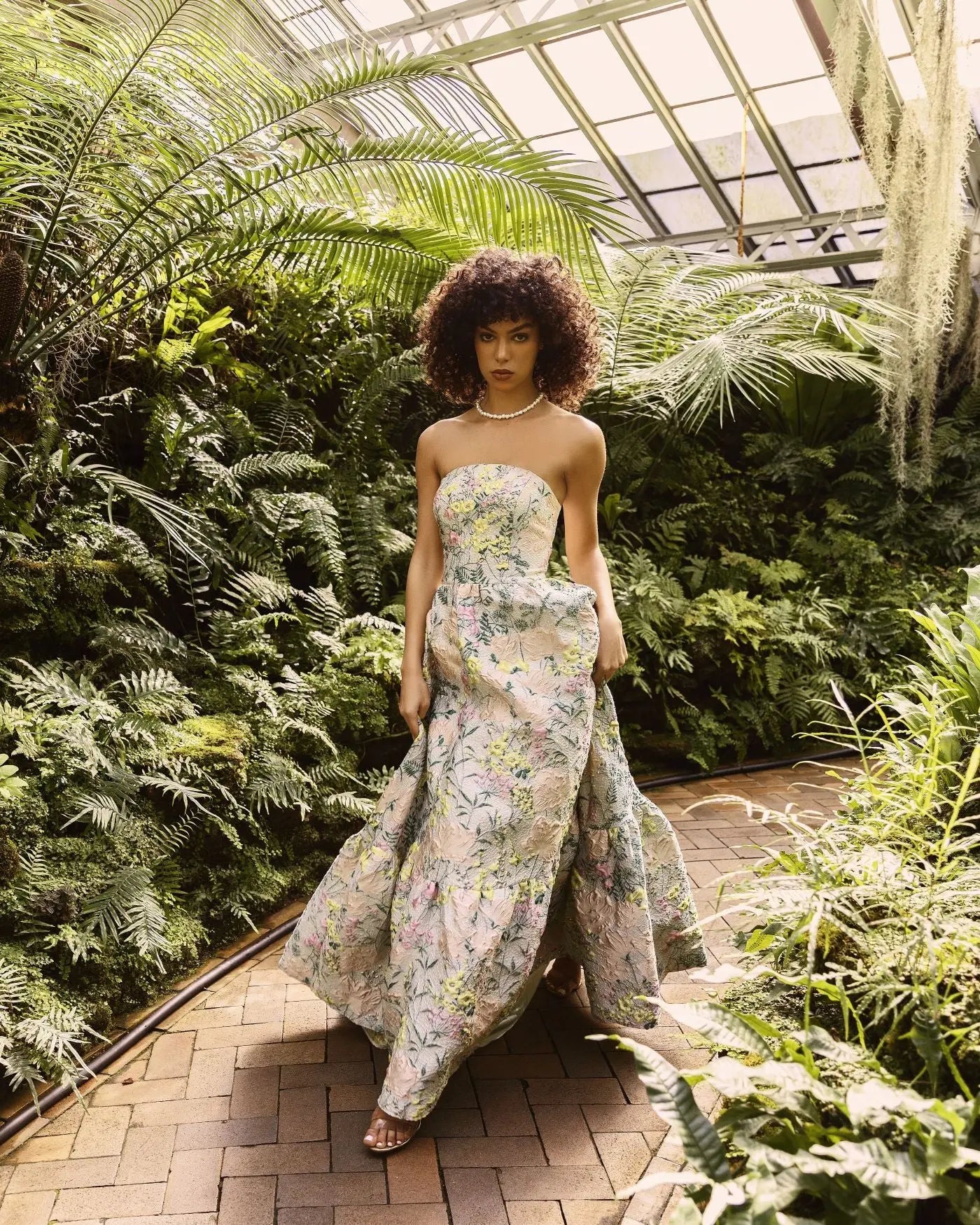 Multicolor Strapless Floral Brocade A-Line Gown-Myartka