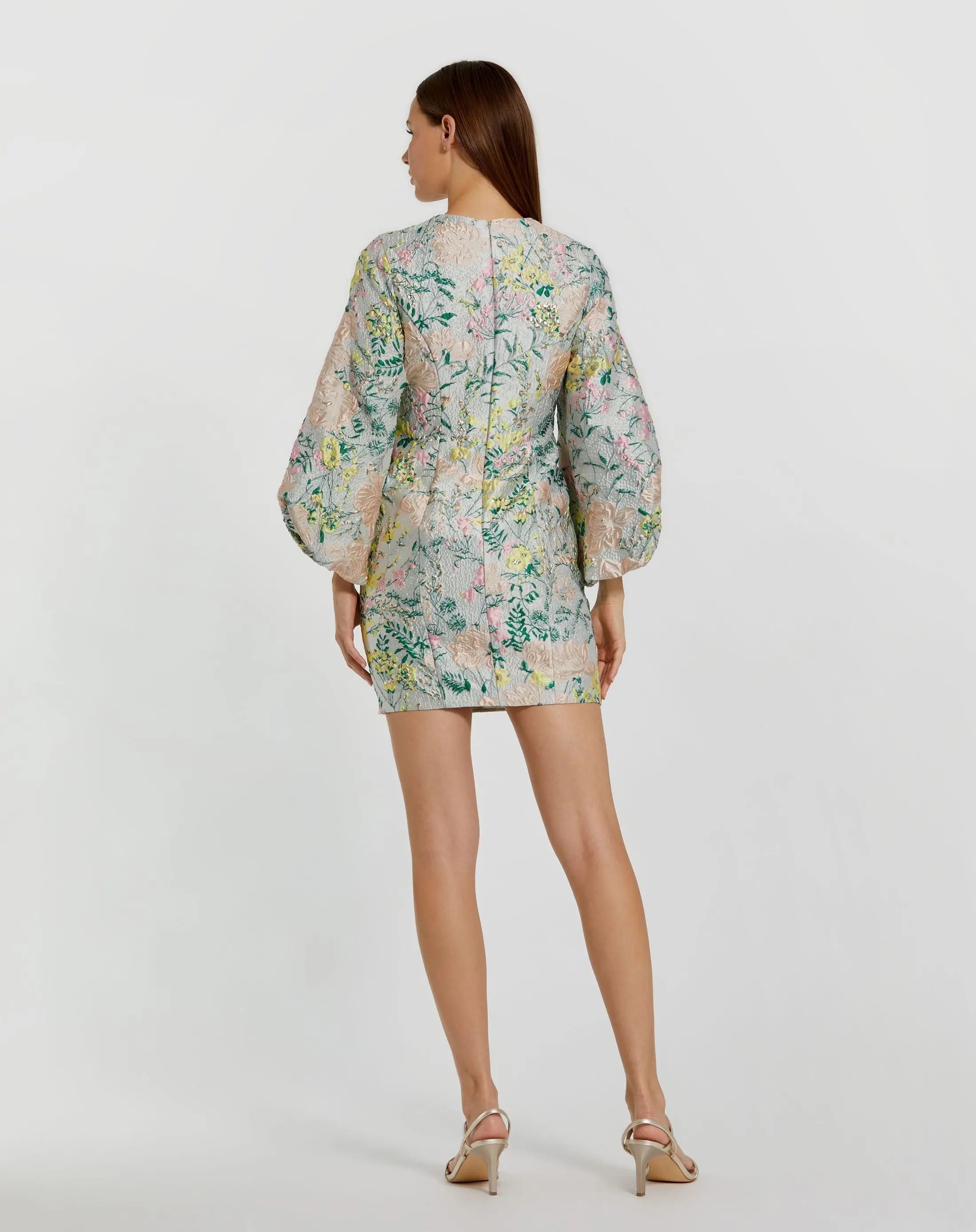 Multicolor Floral Brocade Puff Sleeve Fitted Mini Dress-Myartka