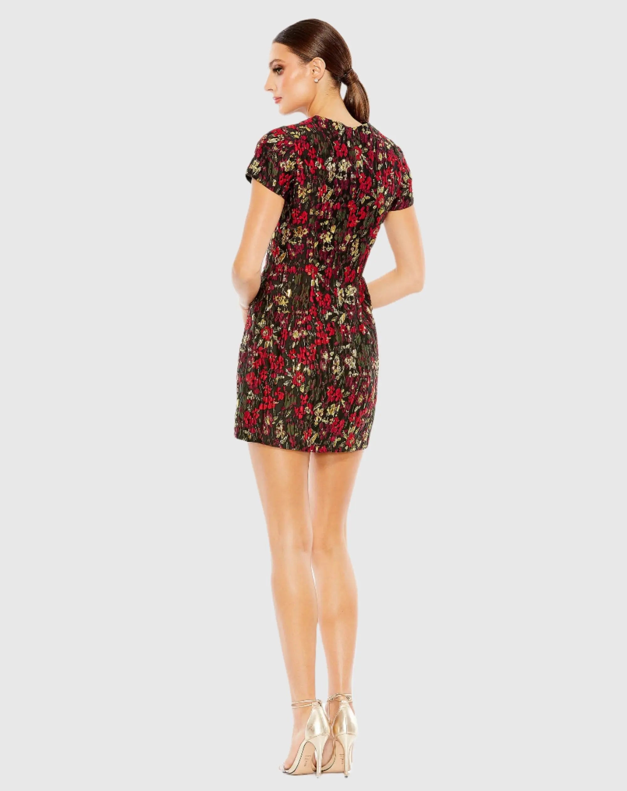 Black Floral Brocade Cap Sleeve Mini Dress-Myartka