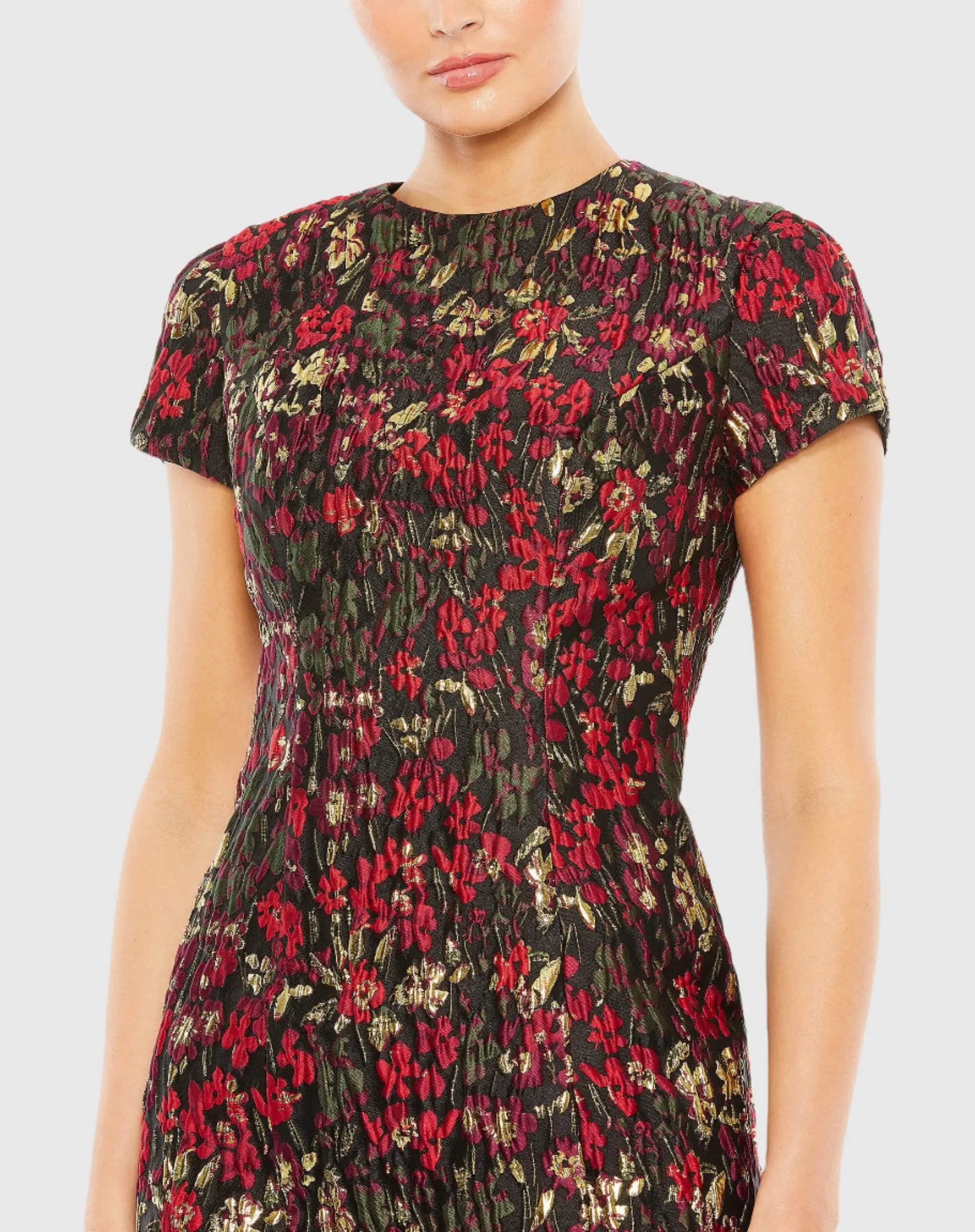Black Floral Brocade Cap Sleeve Mini Dress-Myartka