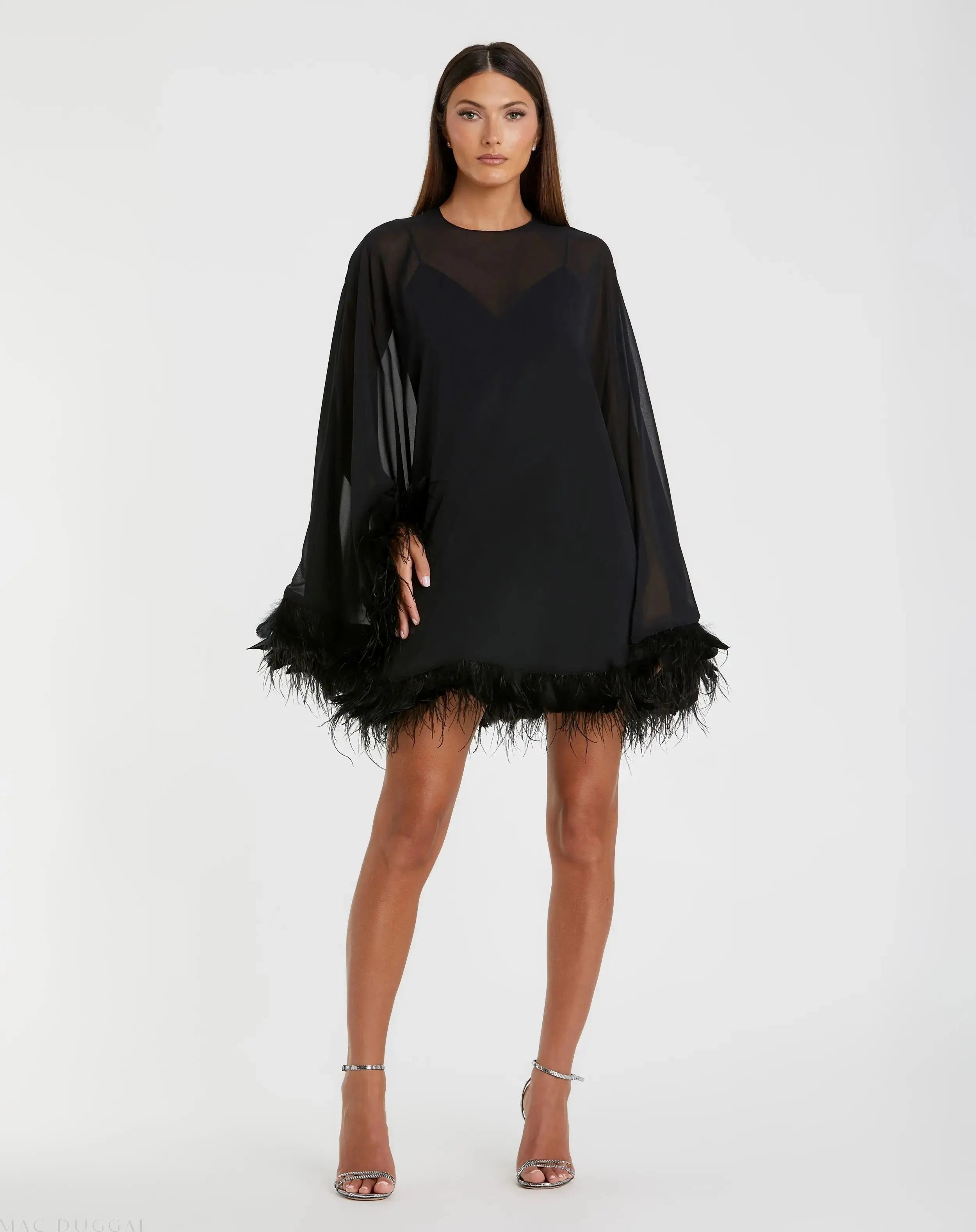Black Trapeze Feather Trim Mini Dress-Myartka