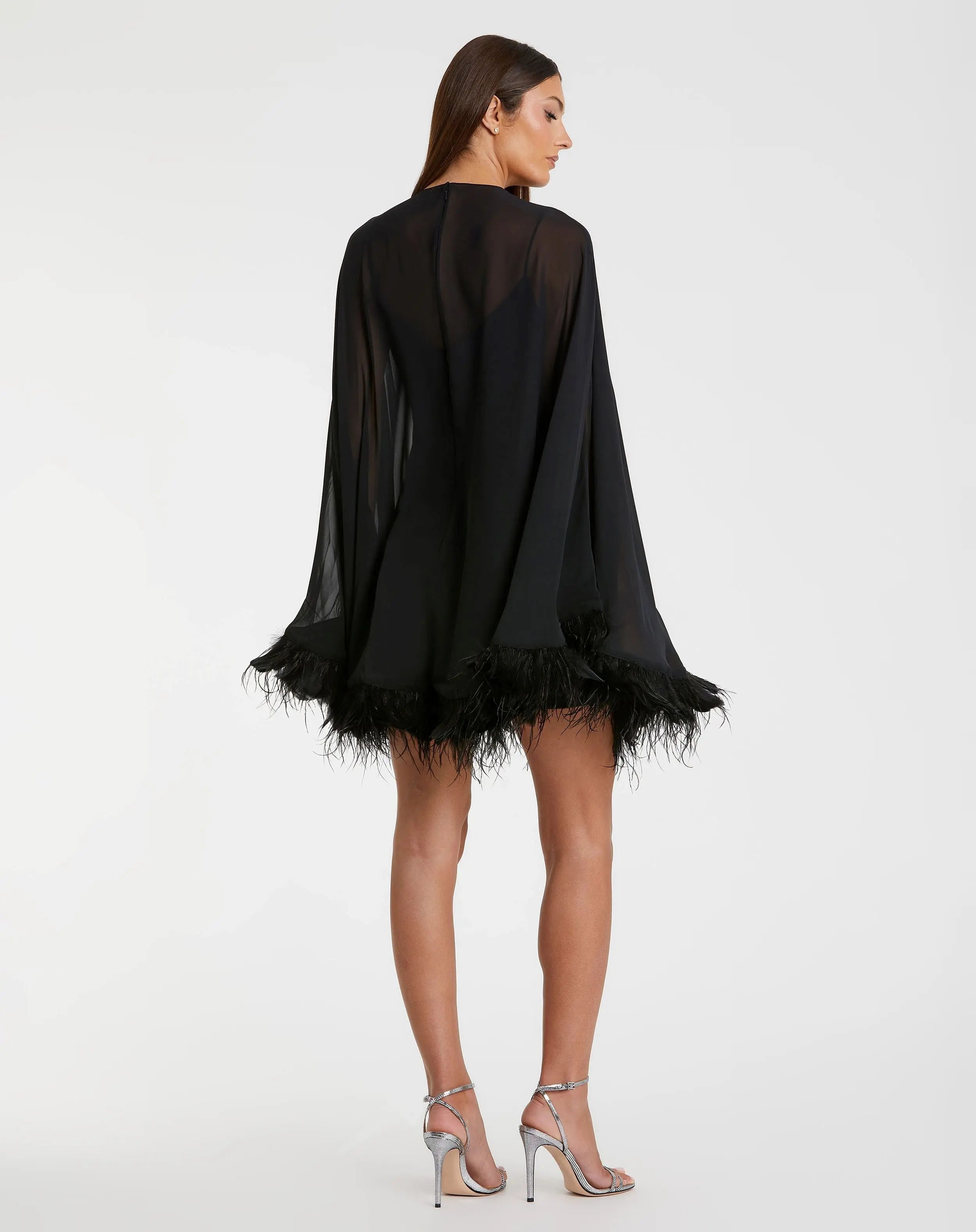 Black Trapeze Feather Trim Mini Dress-Myartka