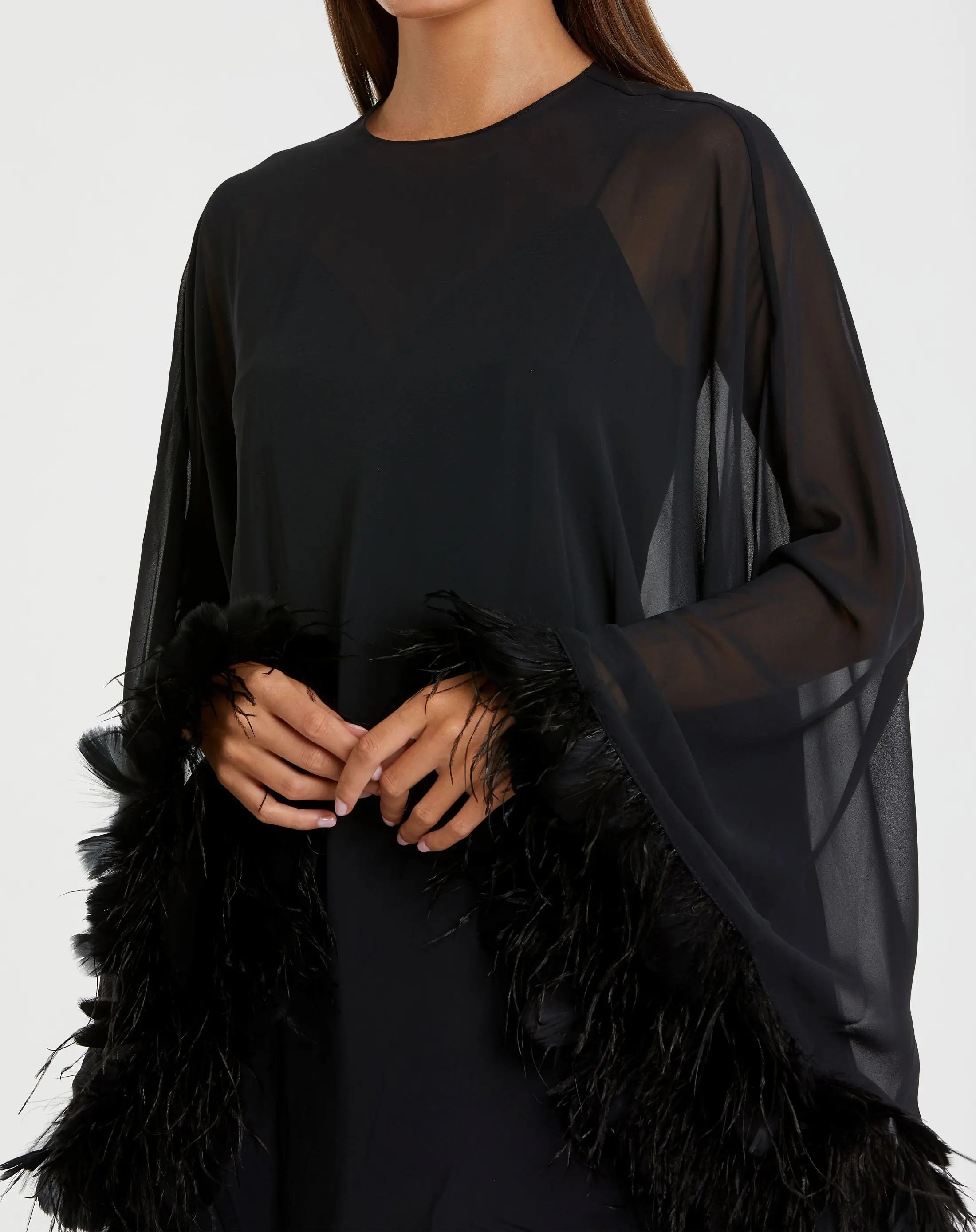 Black Trapeze Feather Trim Mini Dress-Myartka