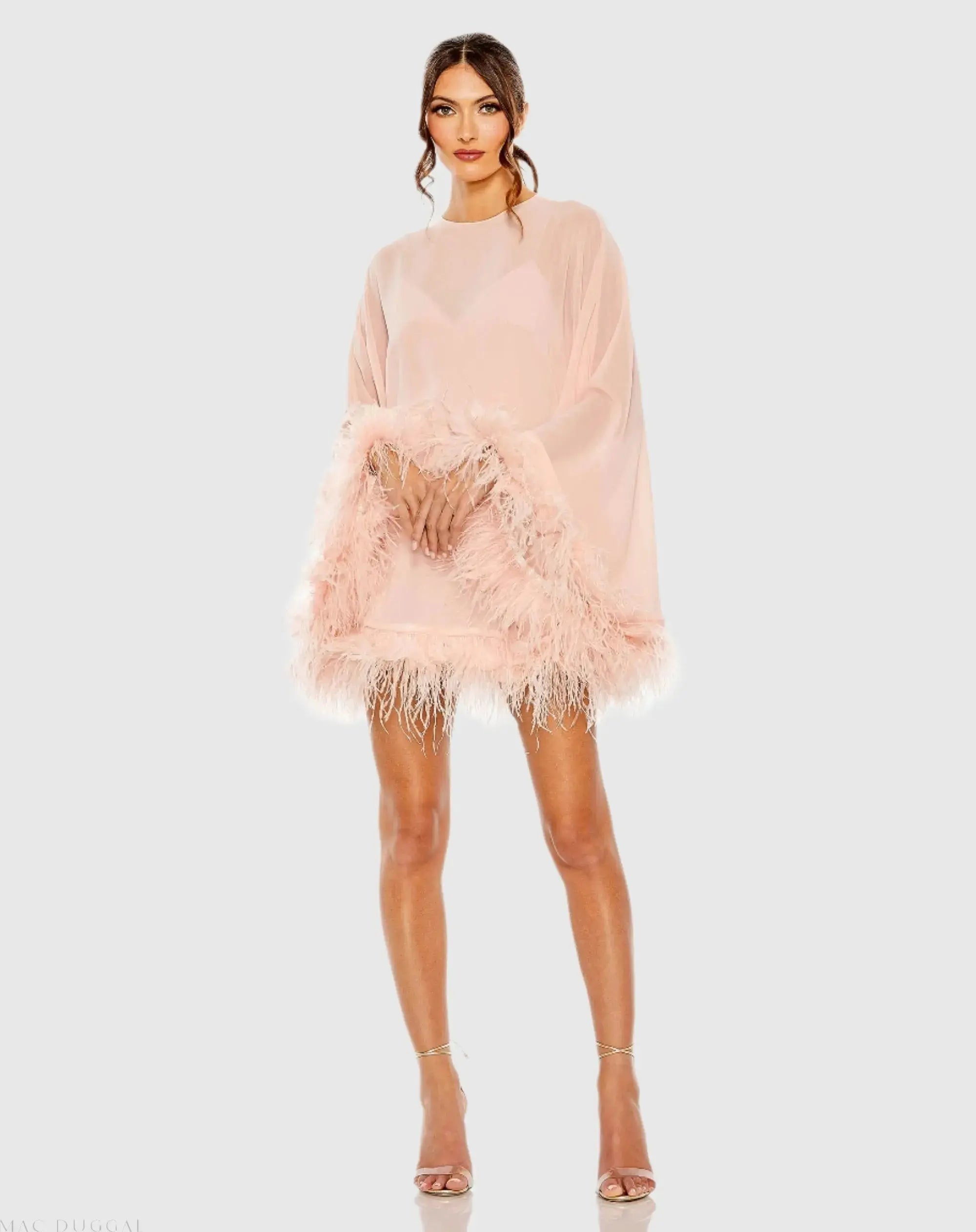 Pink Trapeze Feather Trim Mini Dress-Myartka