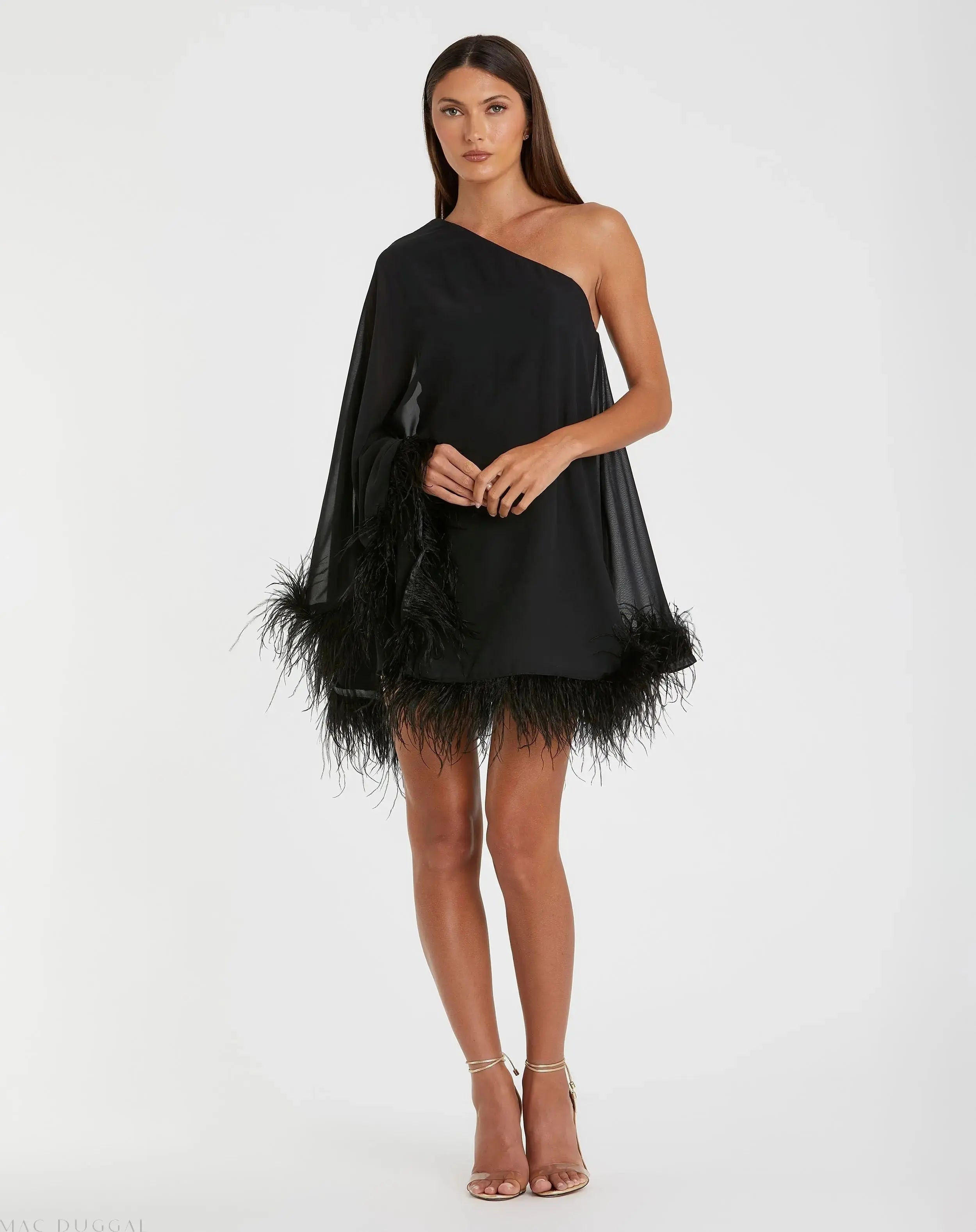 Black One Shoulder Trapeze Dress with Feather Trim-Myartka