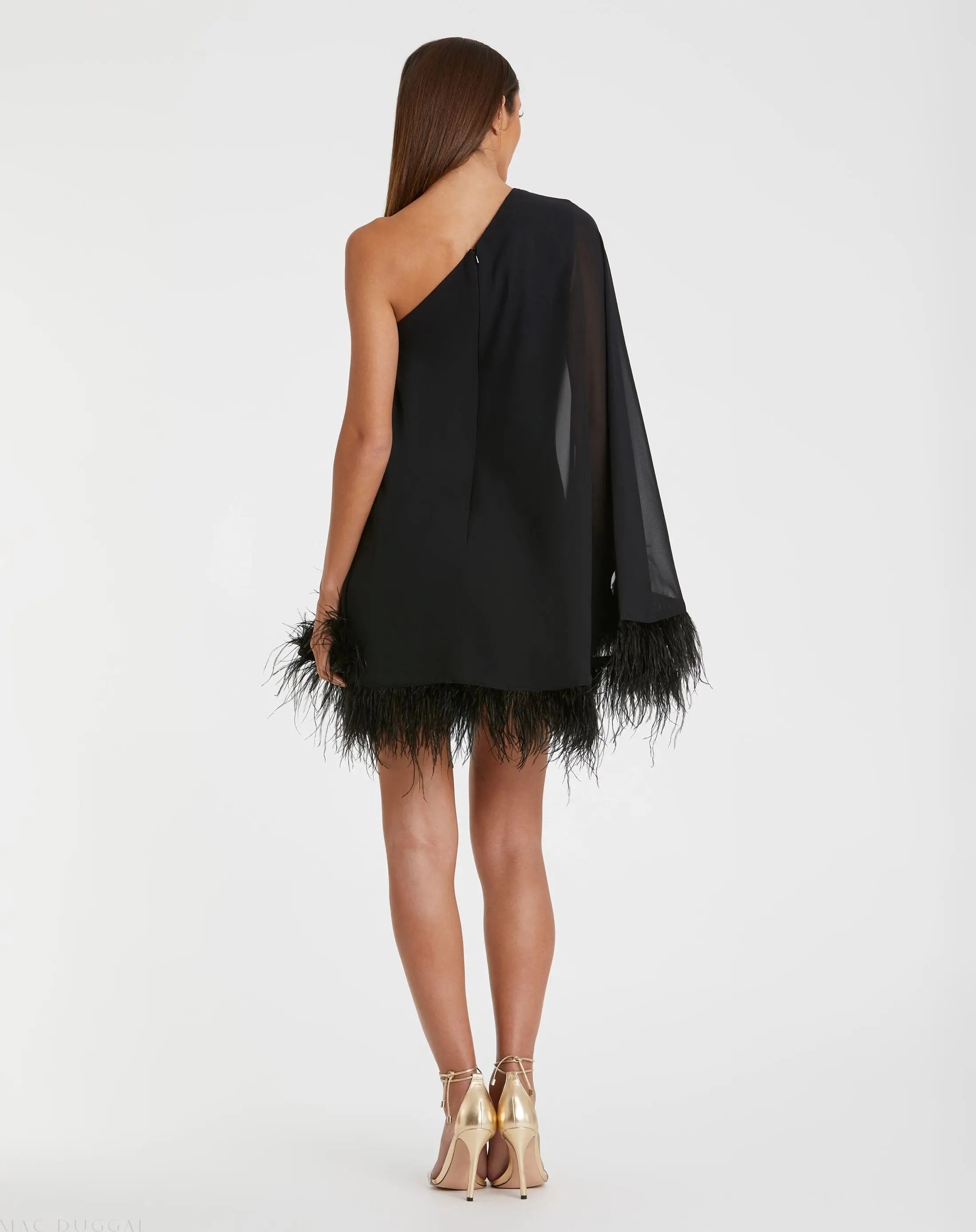 Black One Shoulder Trapeze Dress with Feather Trim-Myartka
