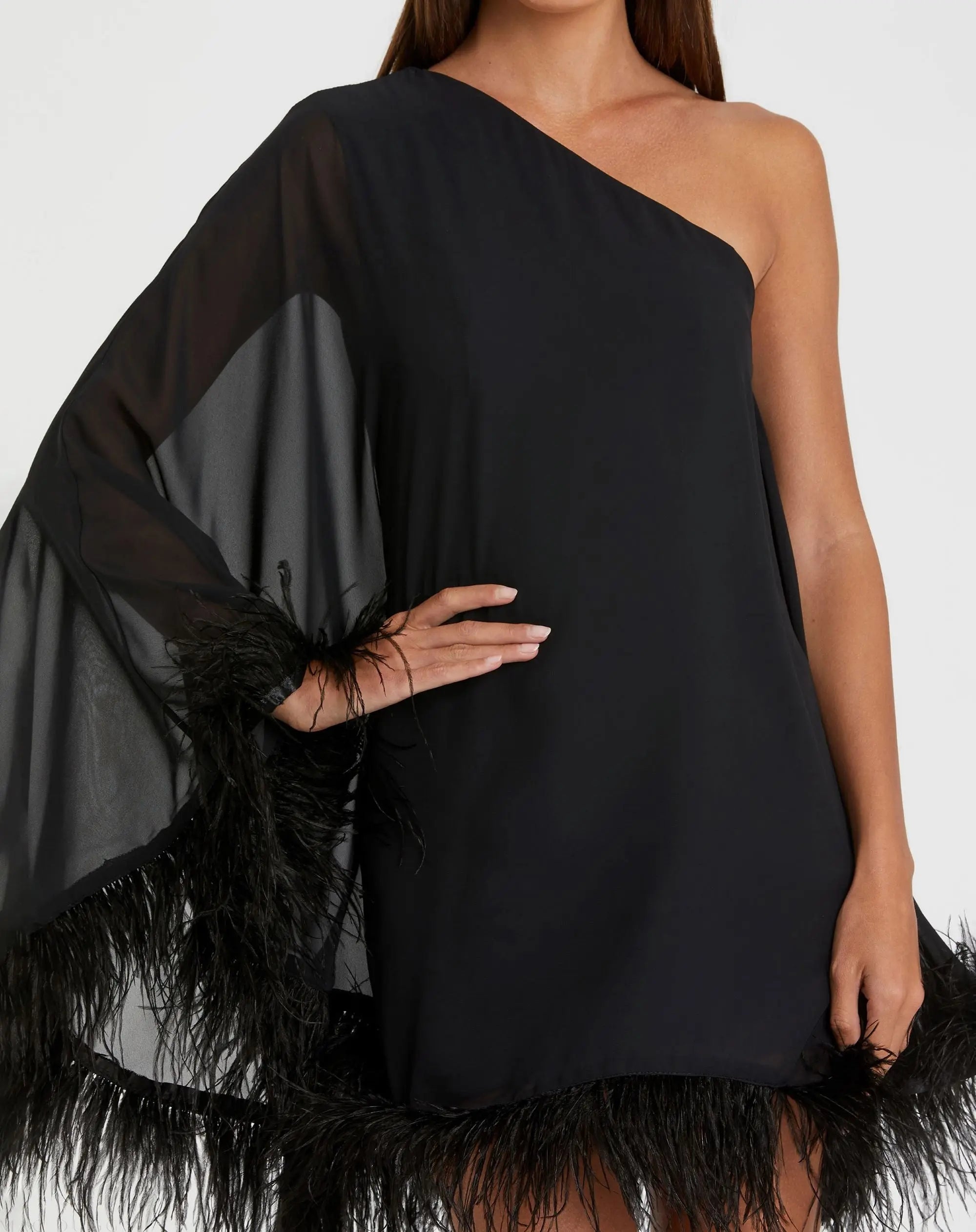 Black One Shoulder Trapeze Dress with Feather Trim-Myartka