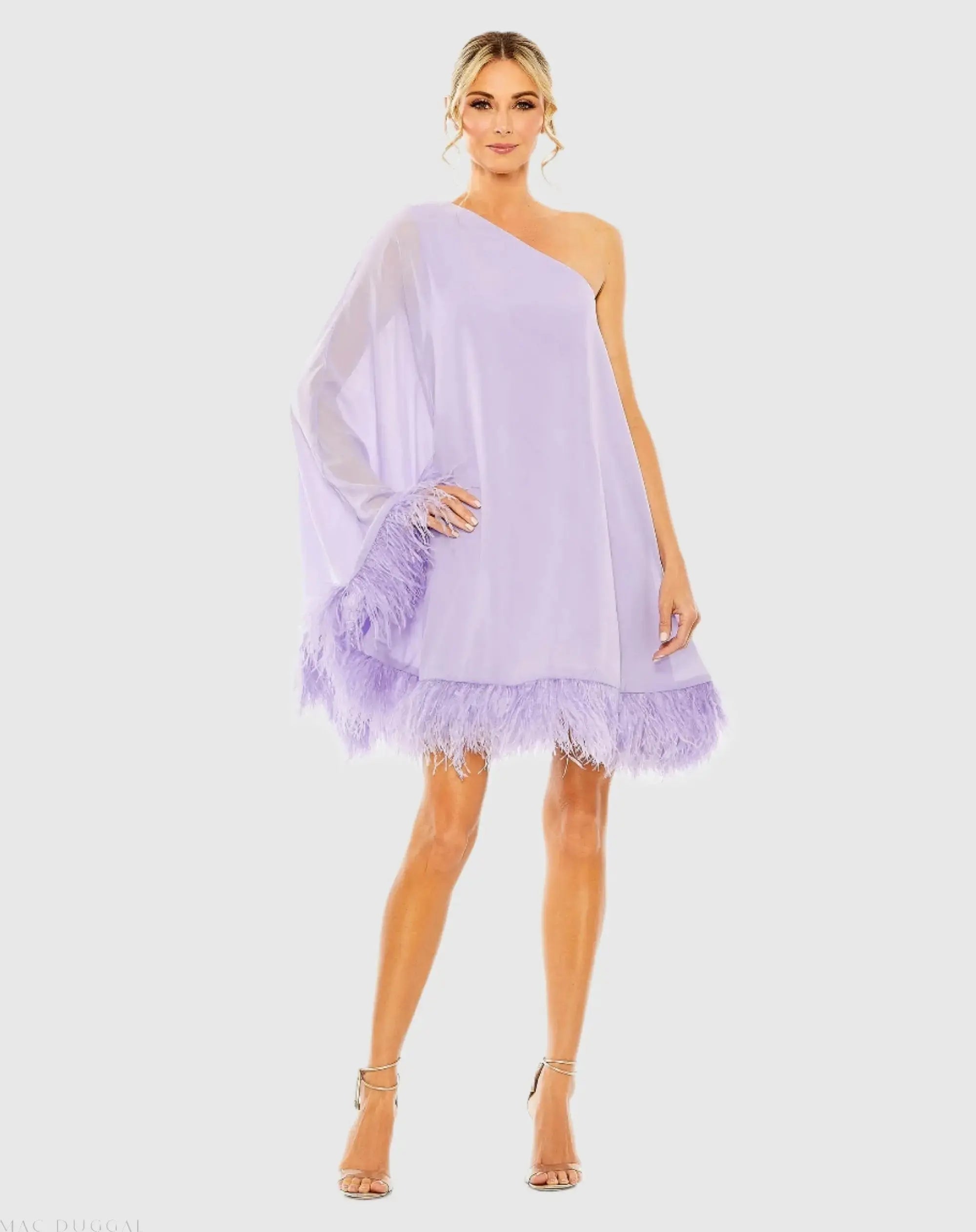 One Shoulder Trapeze Dress with Feather Trim-Myartka