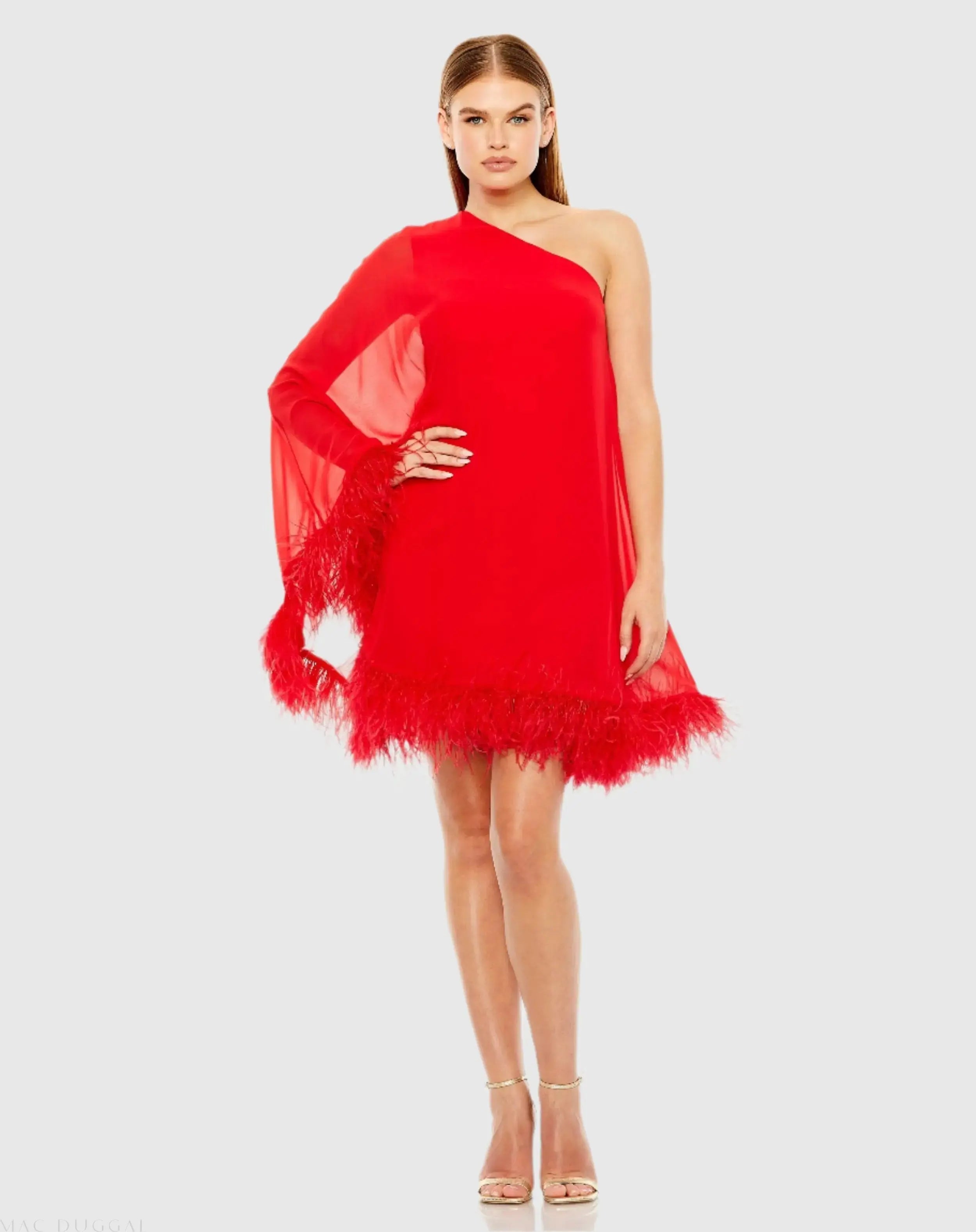 One Shoulder Trapeze Dress with Feather Trim-Myartka