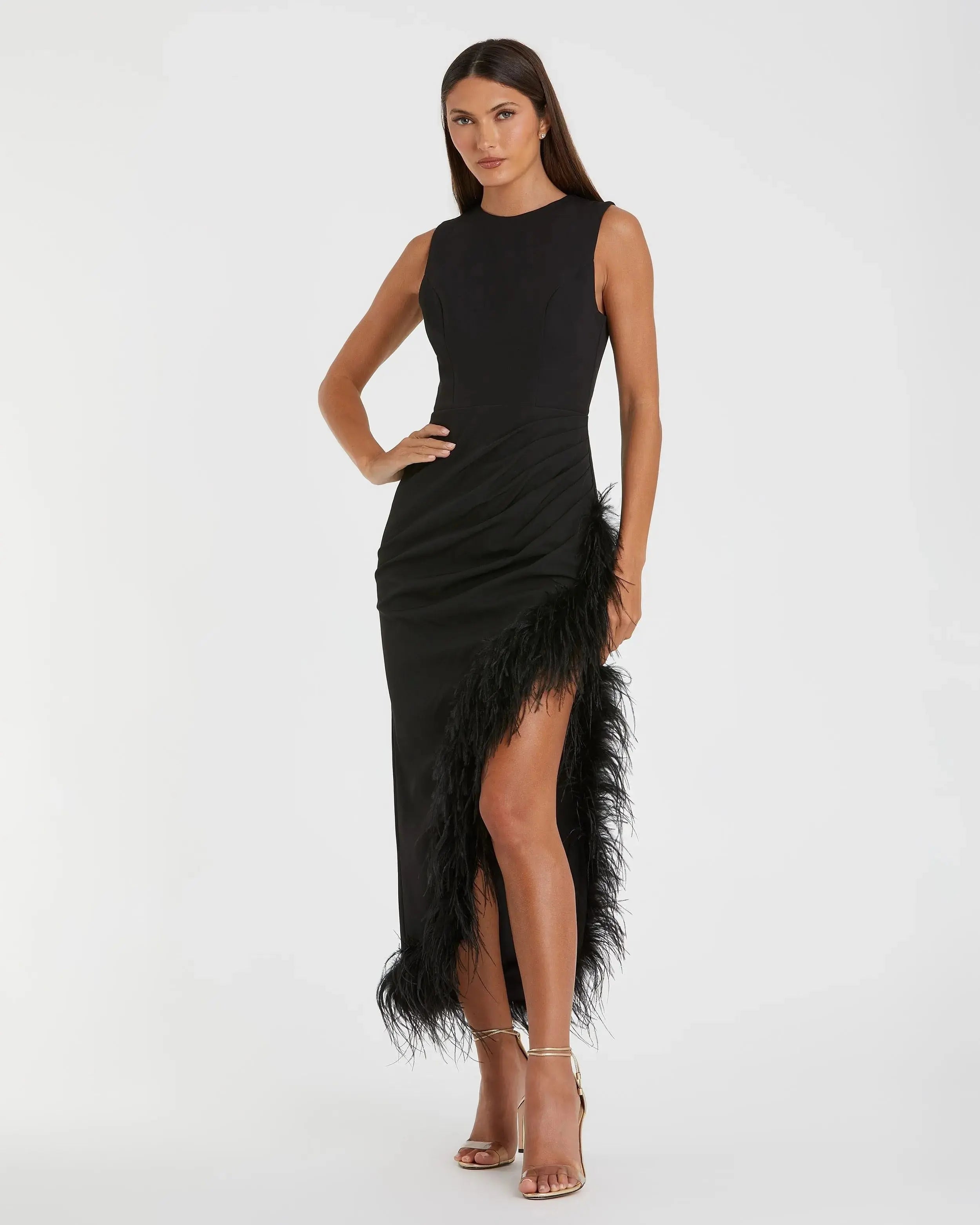 Black Ruched High-Low Sheath Dress with Feather Trim-Myartka