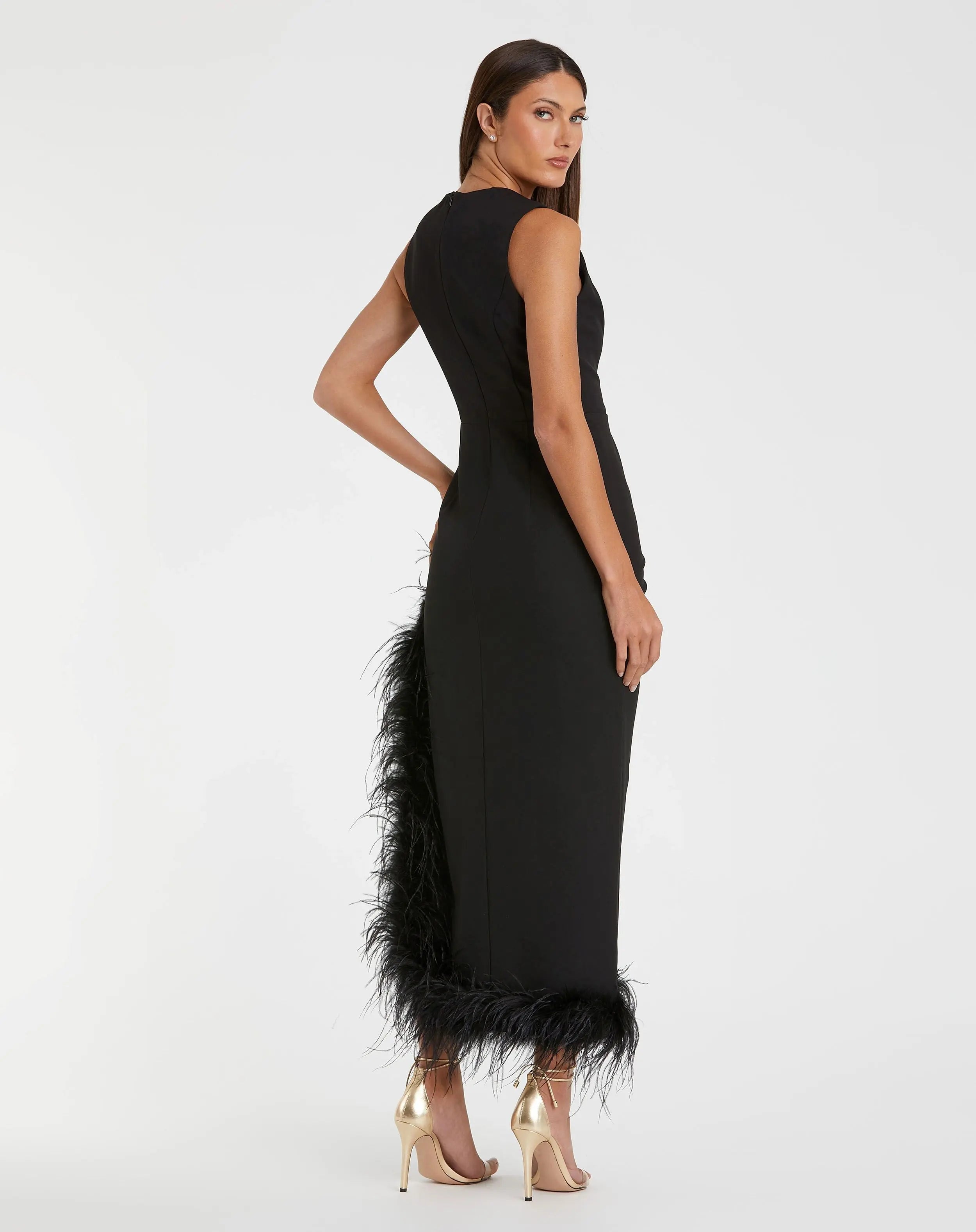 Black Ruched High-Low Sheath Dress with Feather Trim-Myartka