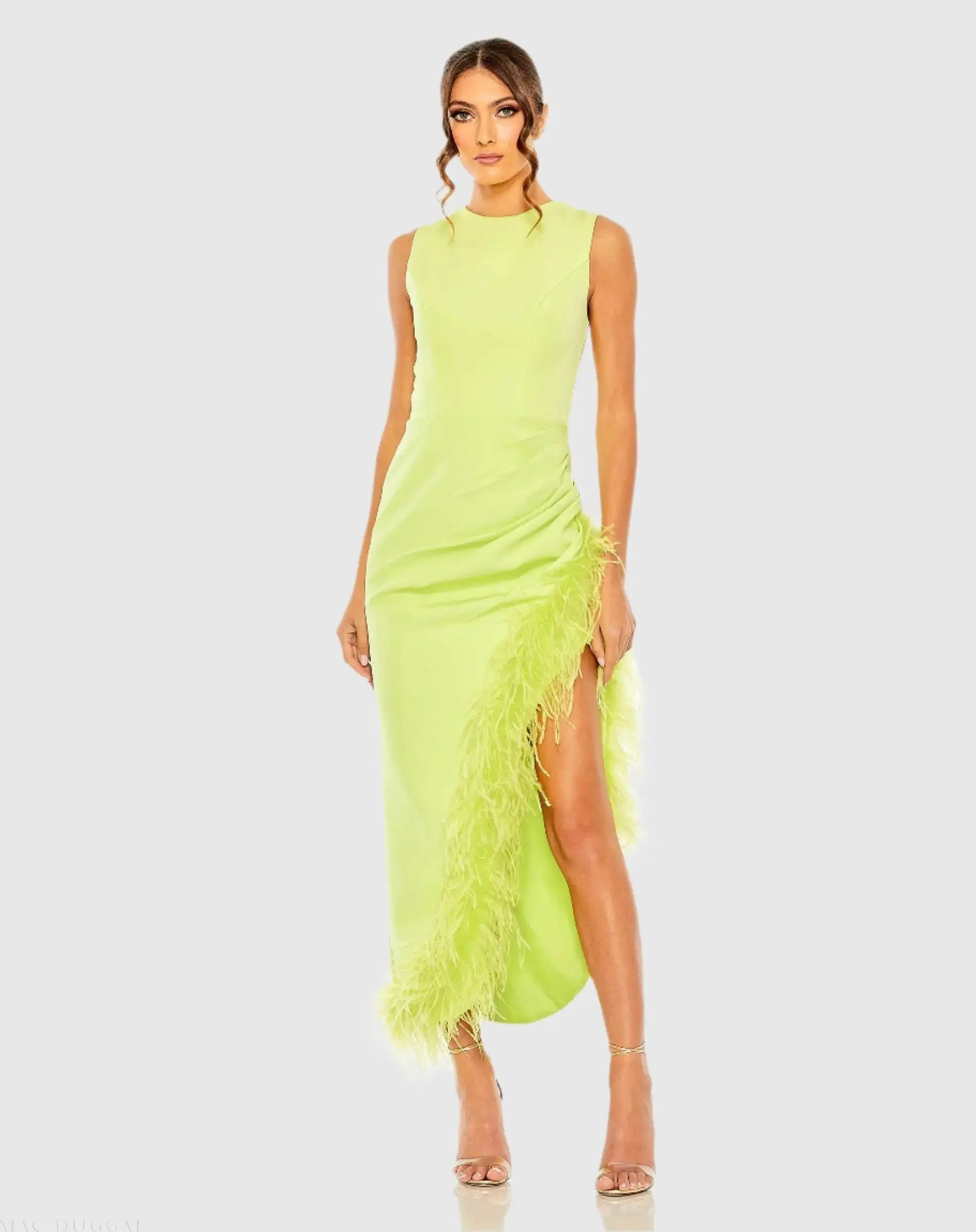 Green Ruched High-Low Sheath Dress with Feather Trim-Myartka