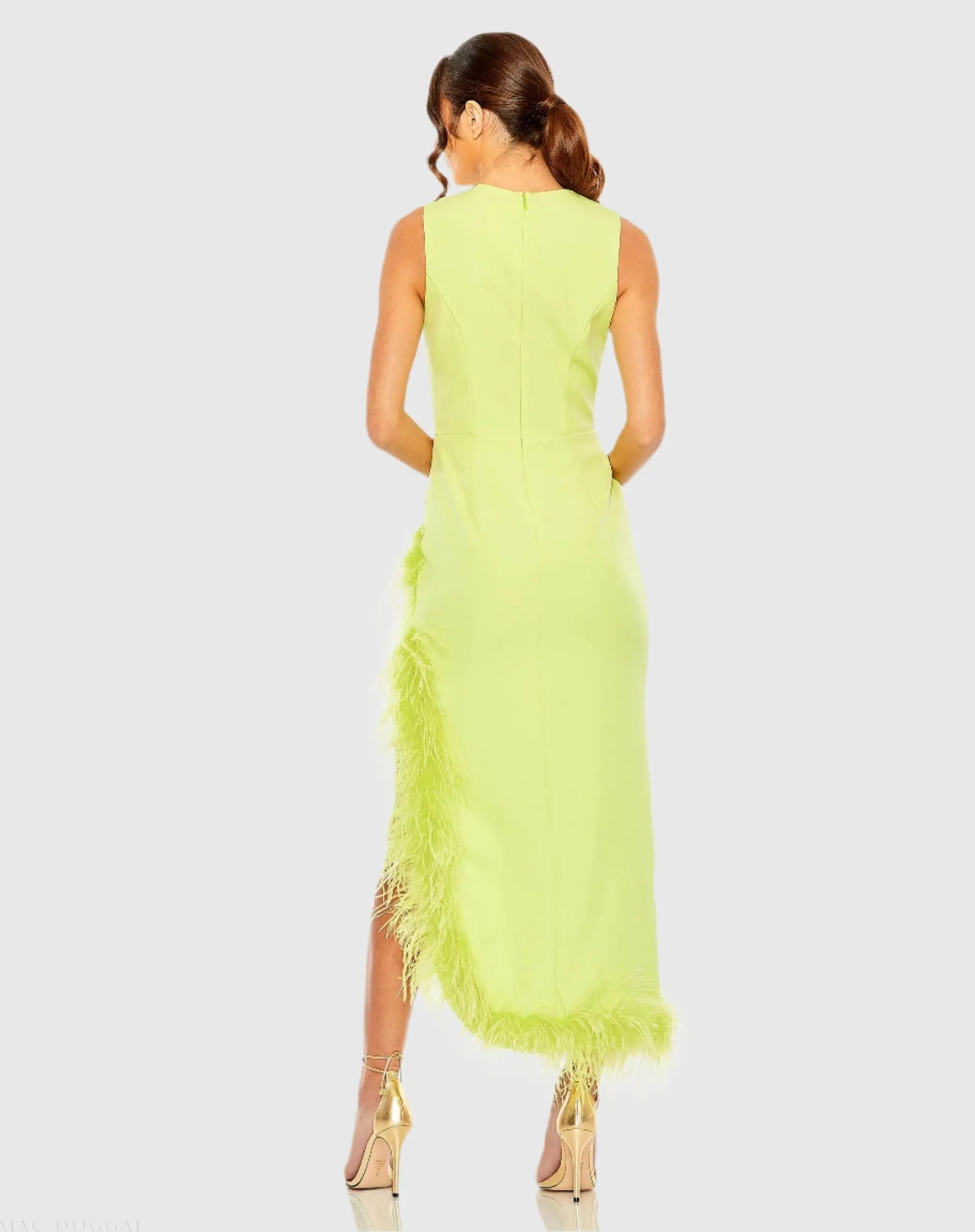 Green Ruched High-Low Sheath Dress with Feather Trim-Myartka