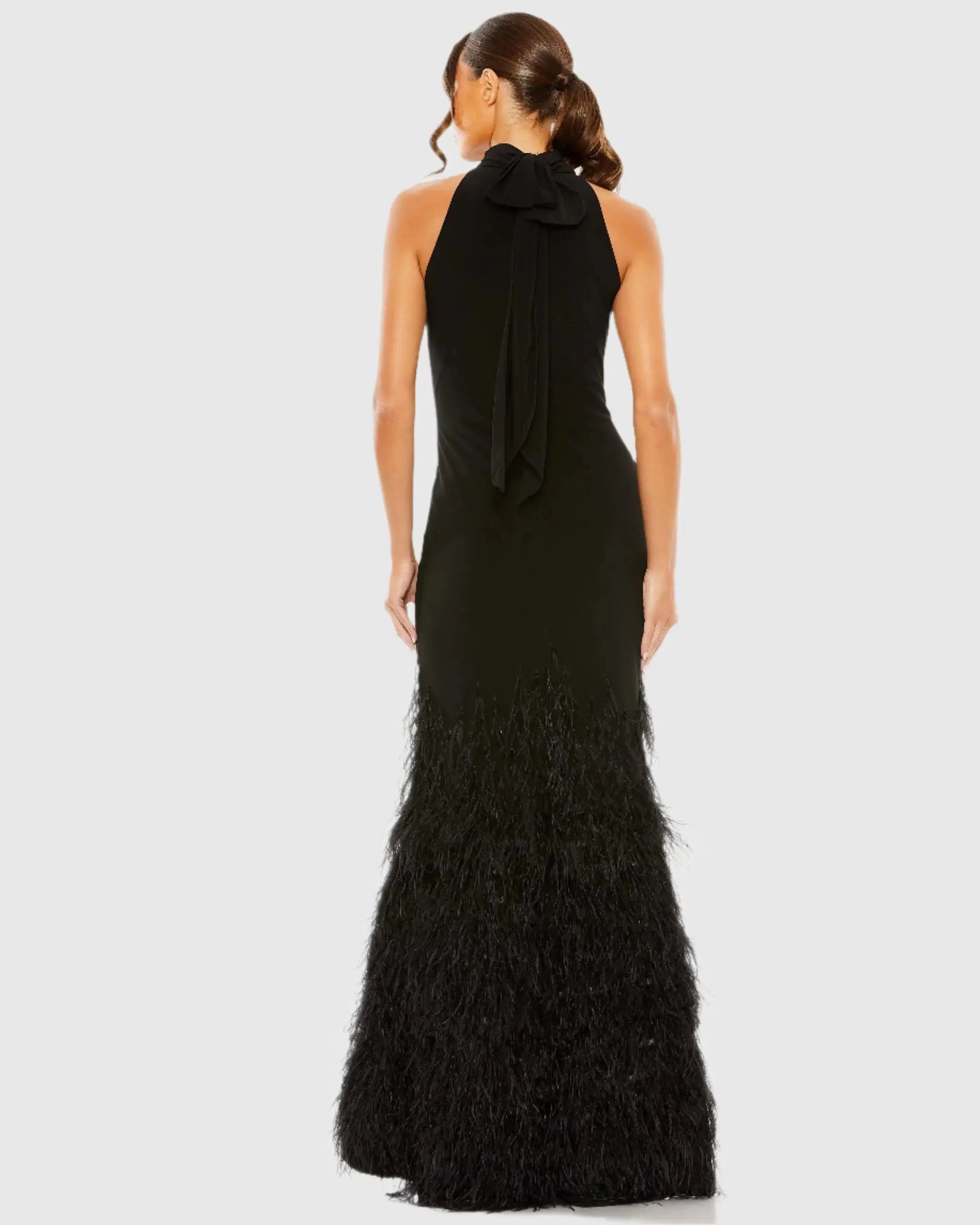 Black Halter Neck Jersey Gown With Feather Trim-Myartka