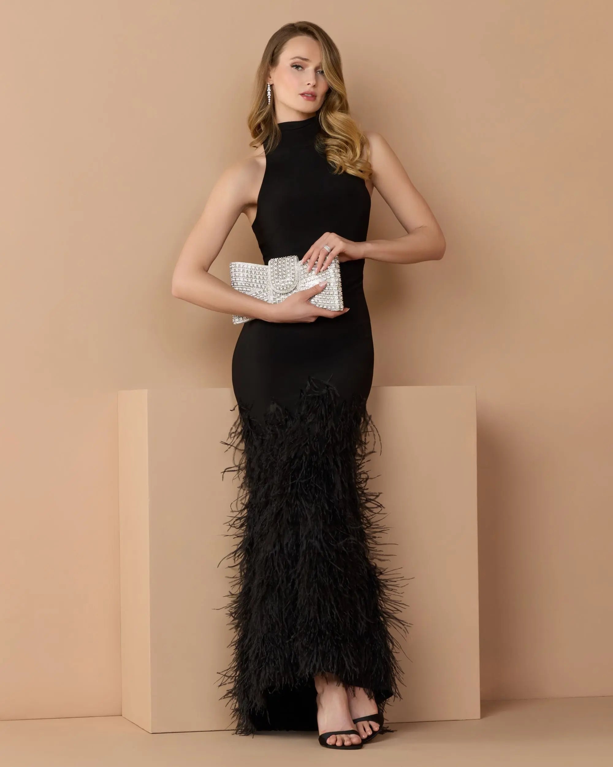 Black Halter Neck Jersey Gown With Feather Trim-Myartka