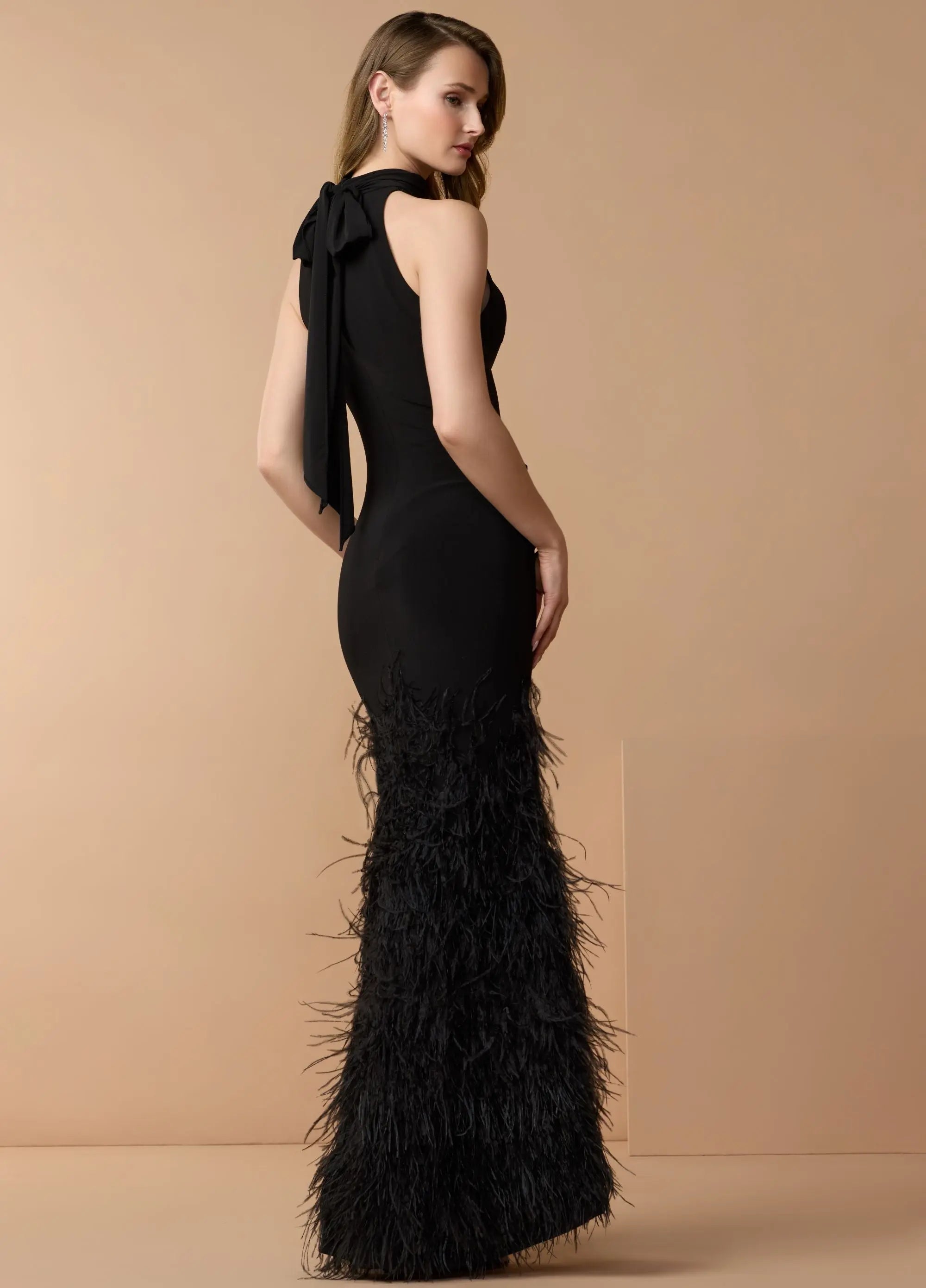 Black Halter Neck Jersey Gown With Feather Trim-Myartka