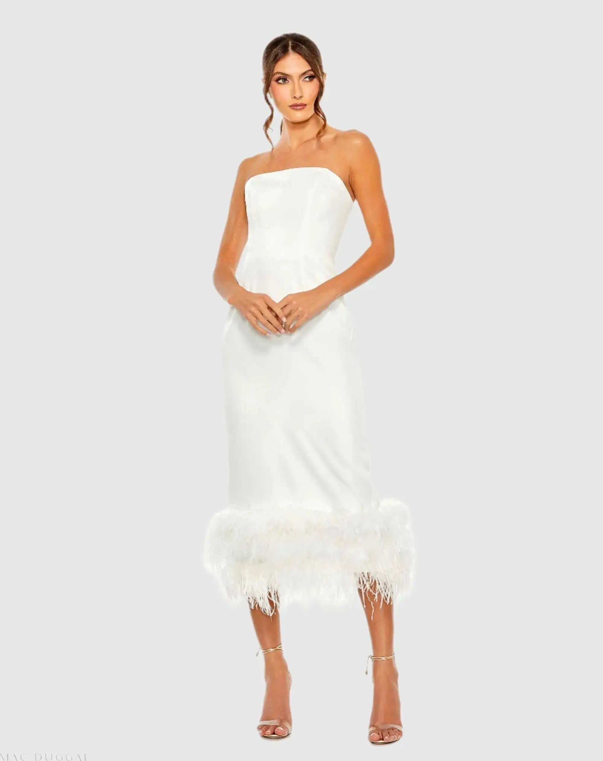 White Strapless Dress with Feather Trim-Myartka