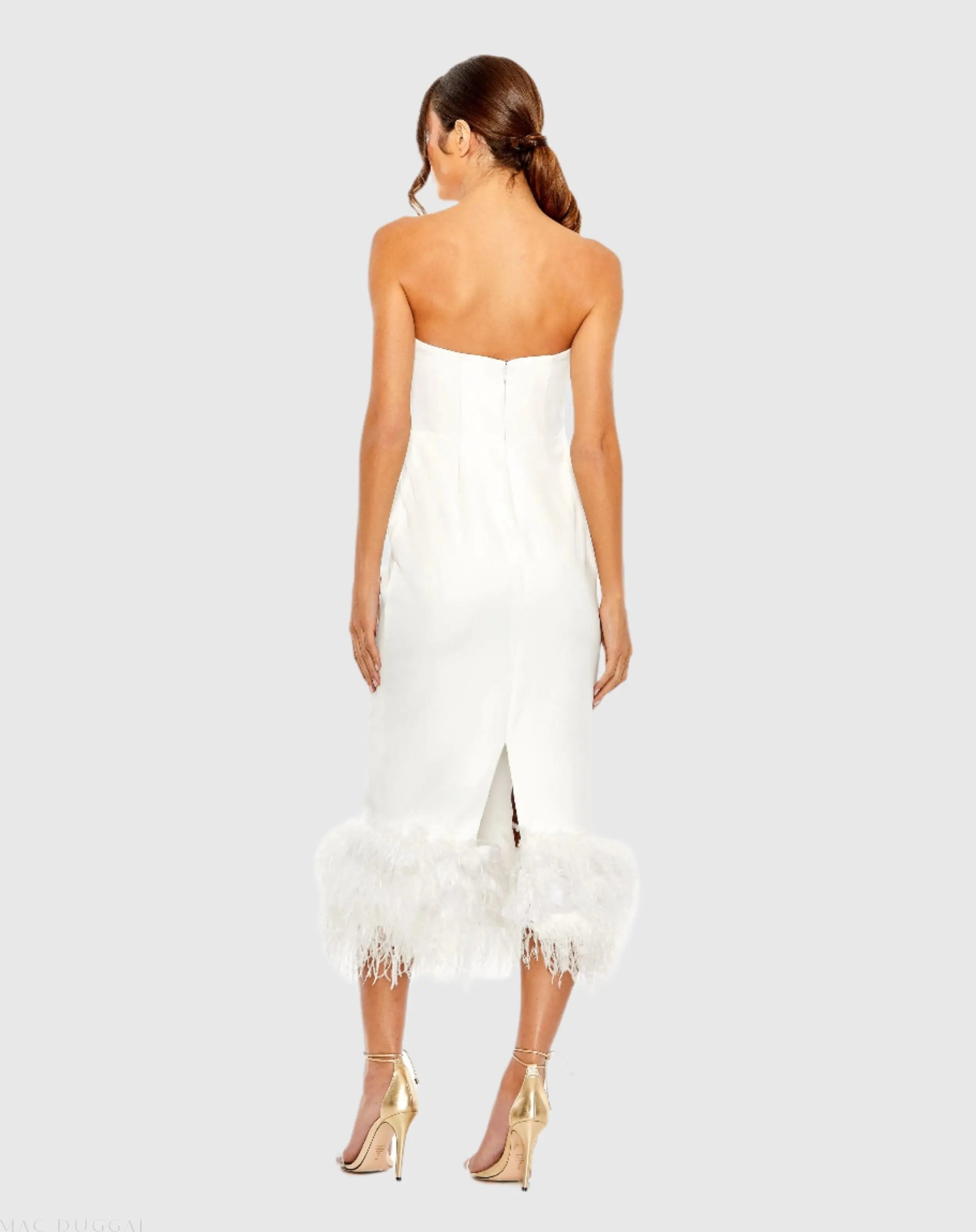 White Strapless Dress with Feather Trim-Myartka