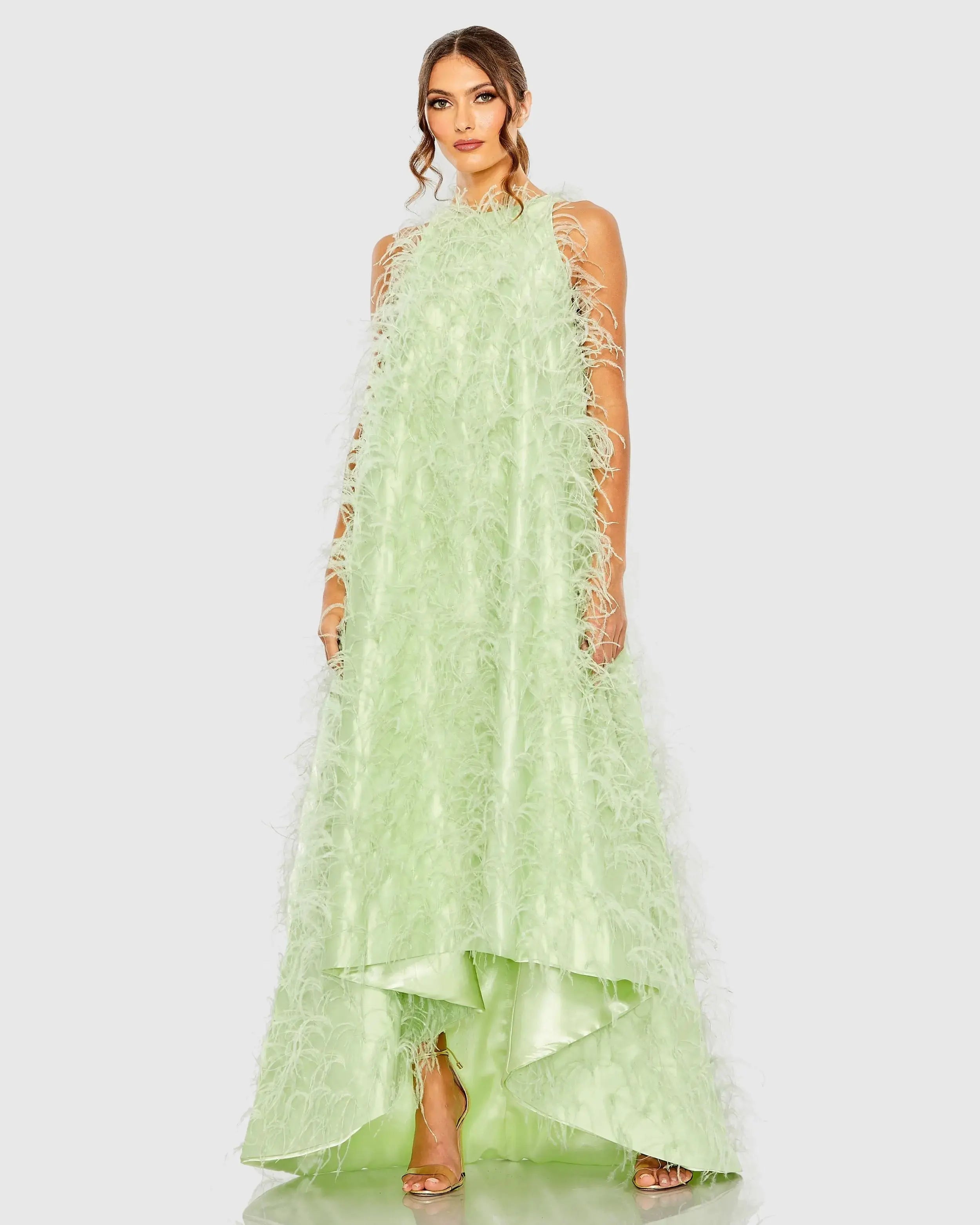 Green Sleeveless Feather Embellished High Low Gown-Myartka