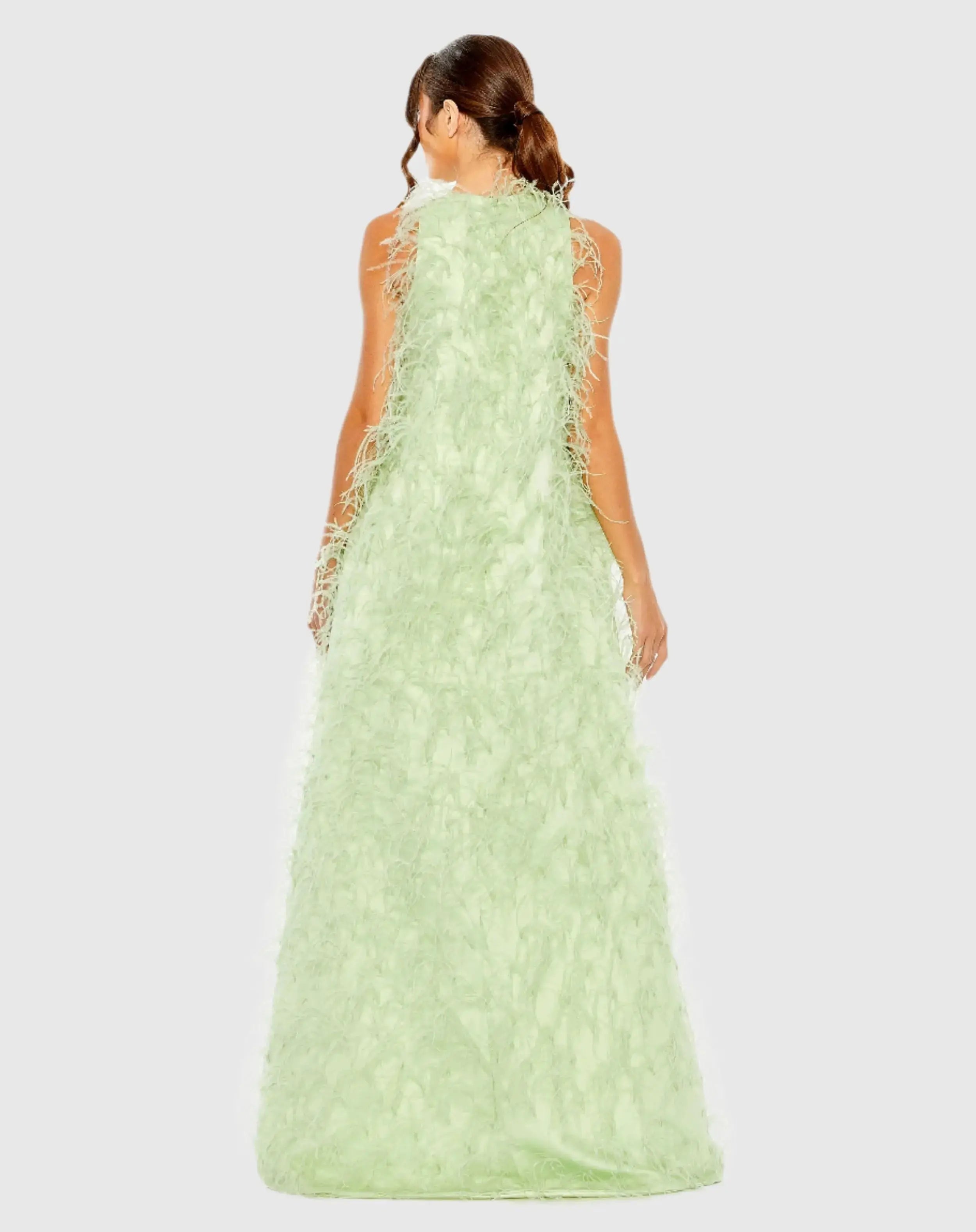 Green Sleeveless Feather Embellished High Low Gown-Myartka