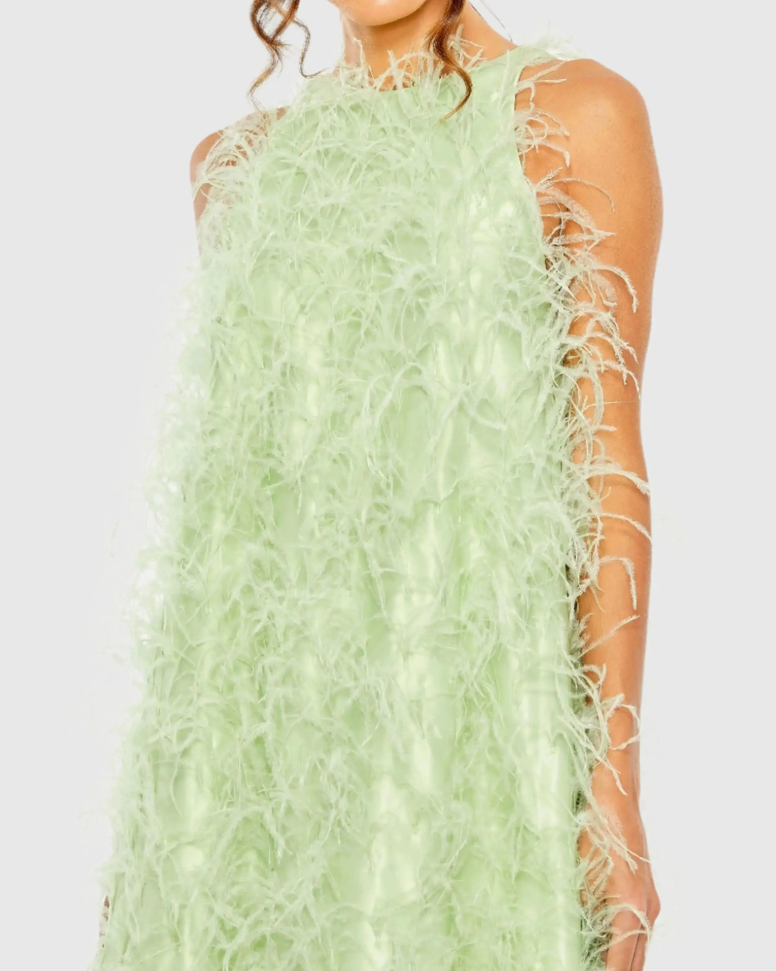 Green Sleeveless Feather Embellished High Low Gown-Myartka