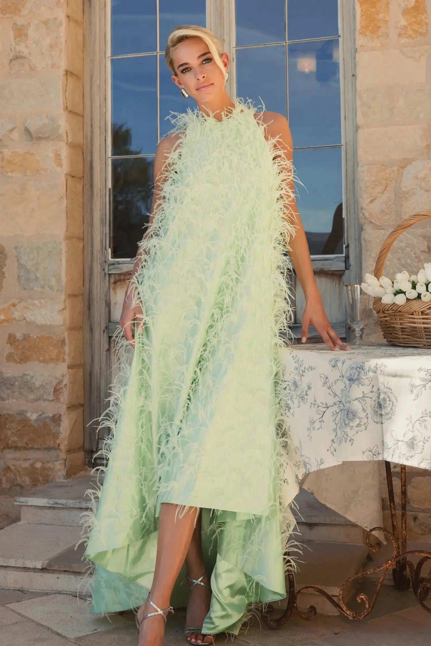 Green Sleeveless Feather Embellished High Low Gown-Myartka