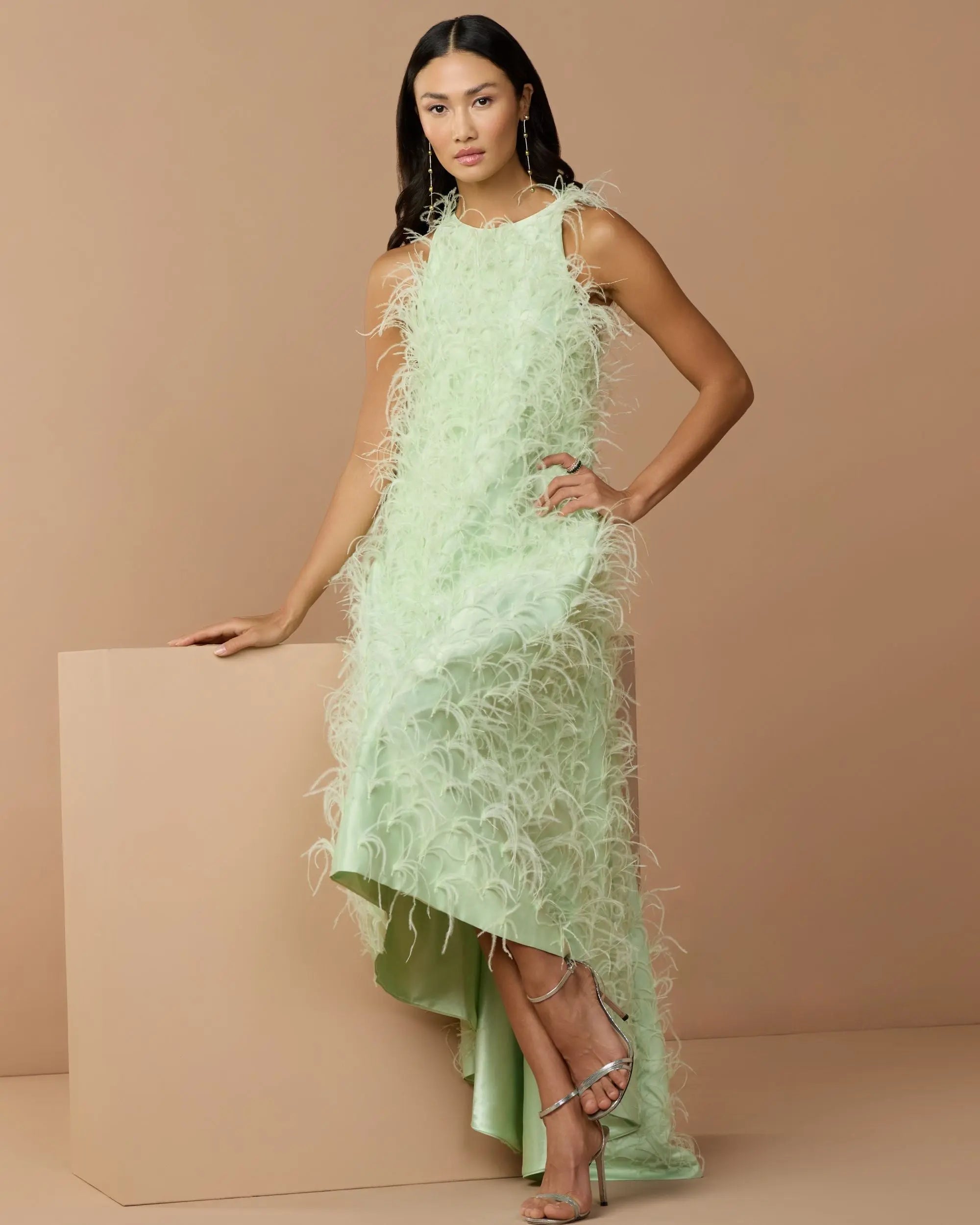 Green Sleeveless Feather Embellished High Low Gown-Myartka