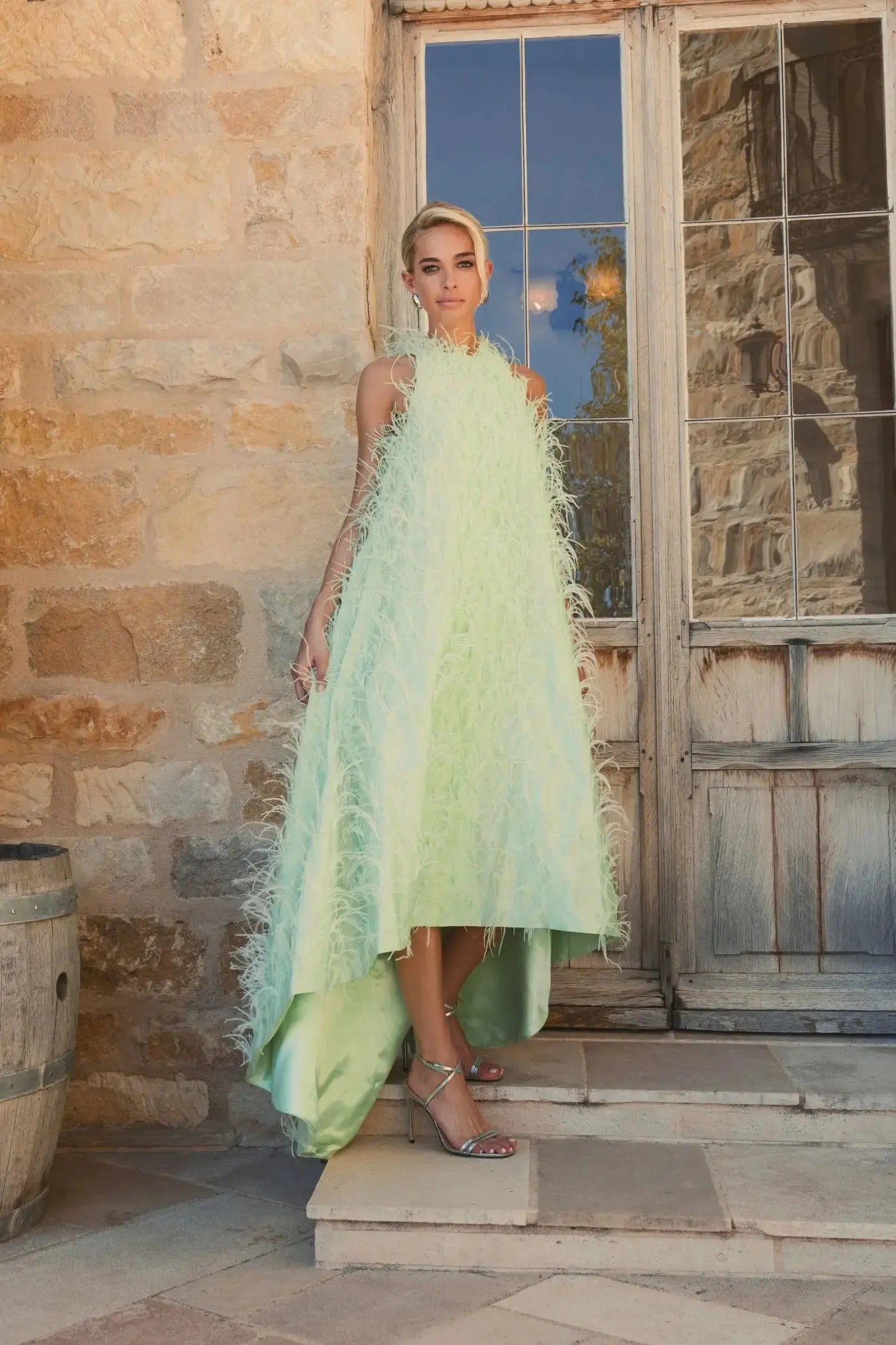 Green Sleeveless Feather Embellished High Low Gown-Myartka