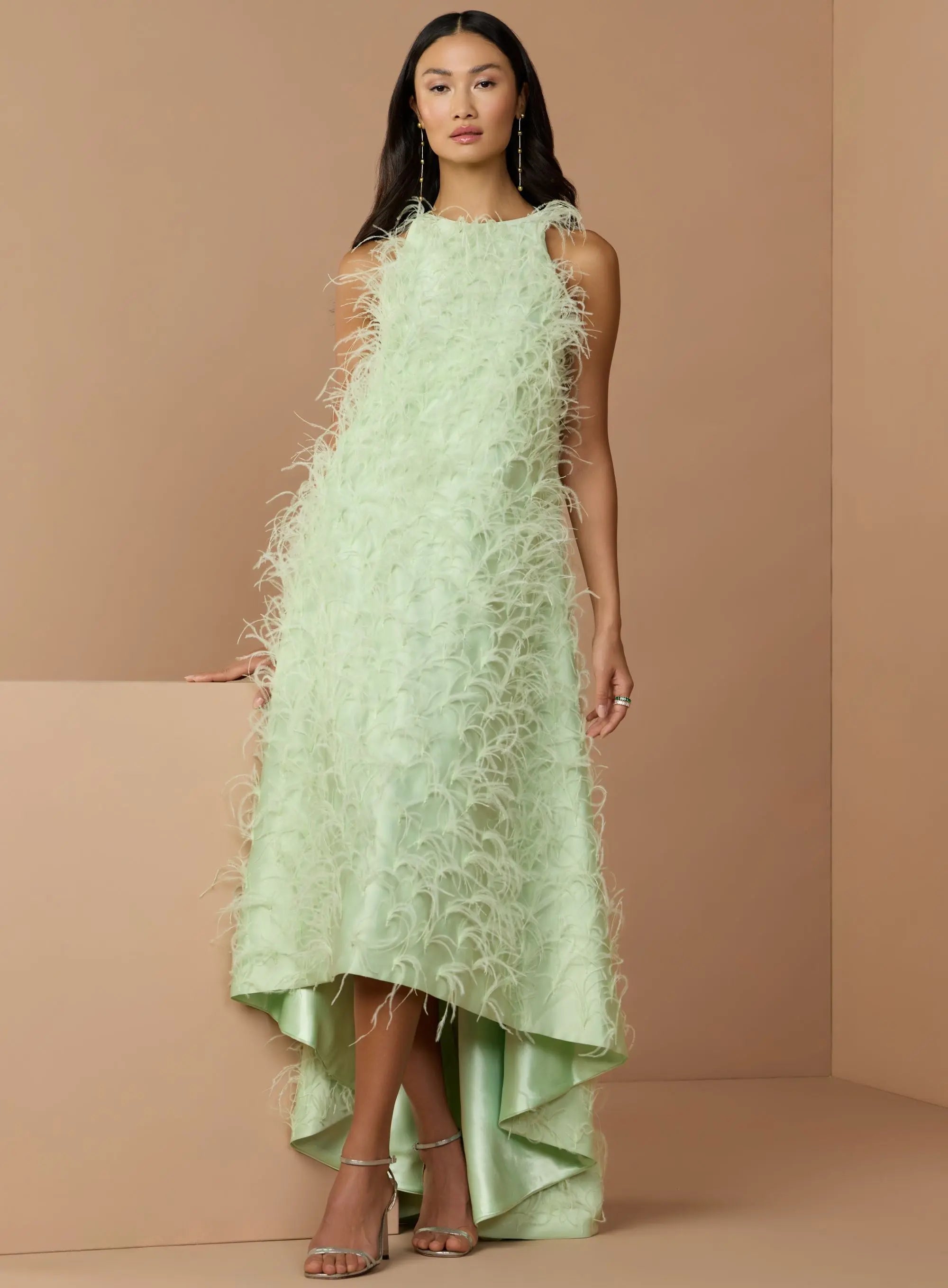 Green Sleeveless Feather Embellished High Low Gown-Myartka