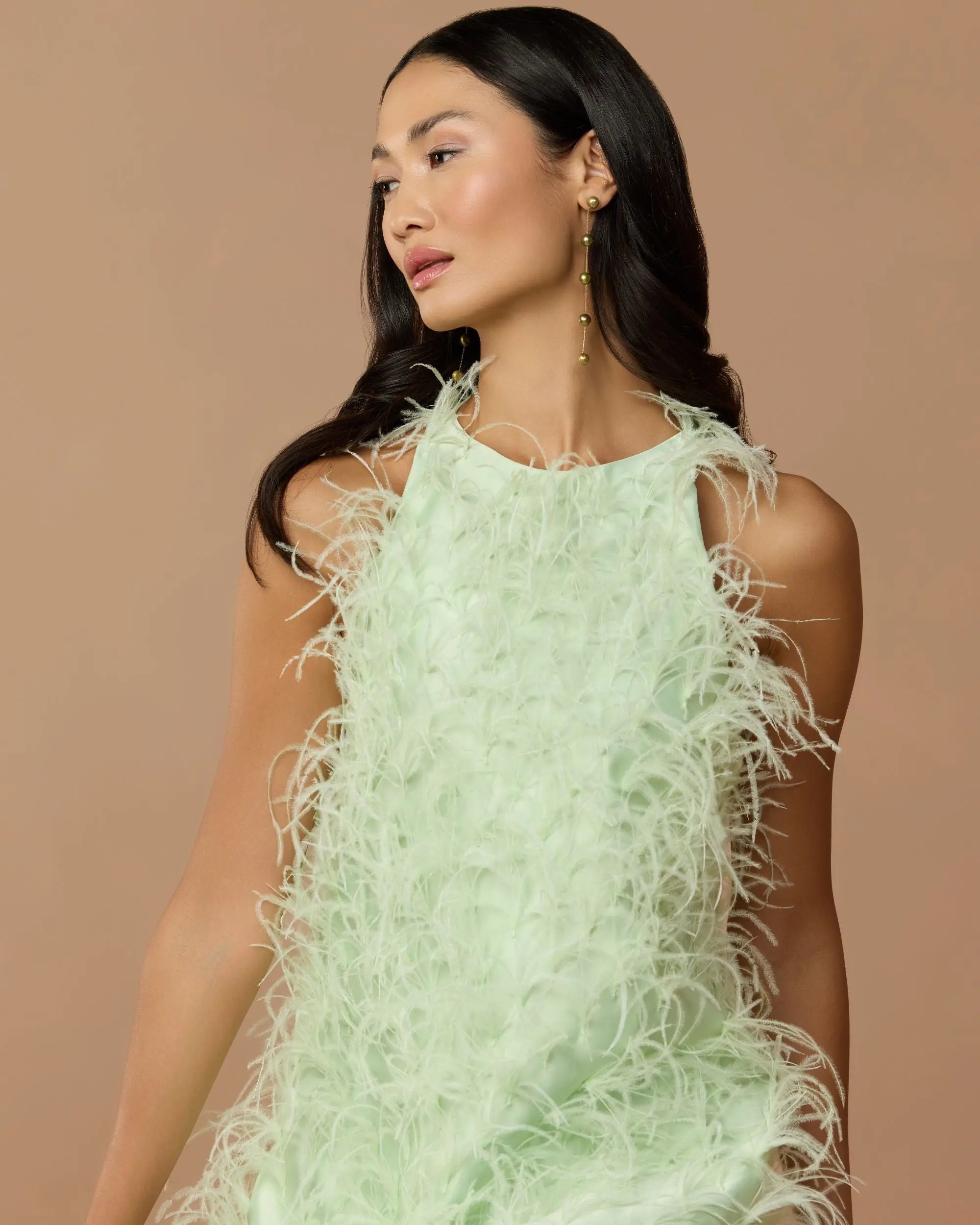 Green Sleeveless Feather Embellished High Low Gown-Myartka