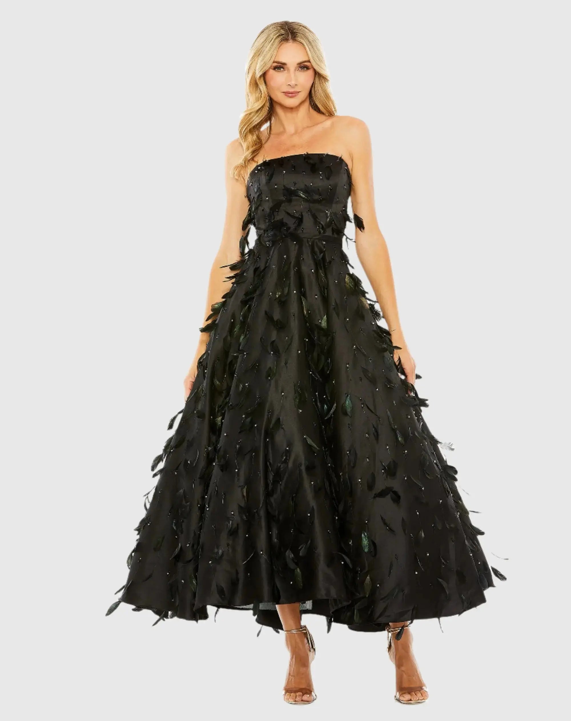 Black Strapless Feather Embellished Satin A-Line Dress-Myartka