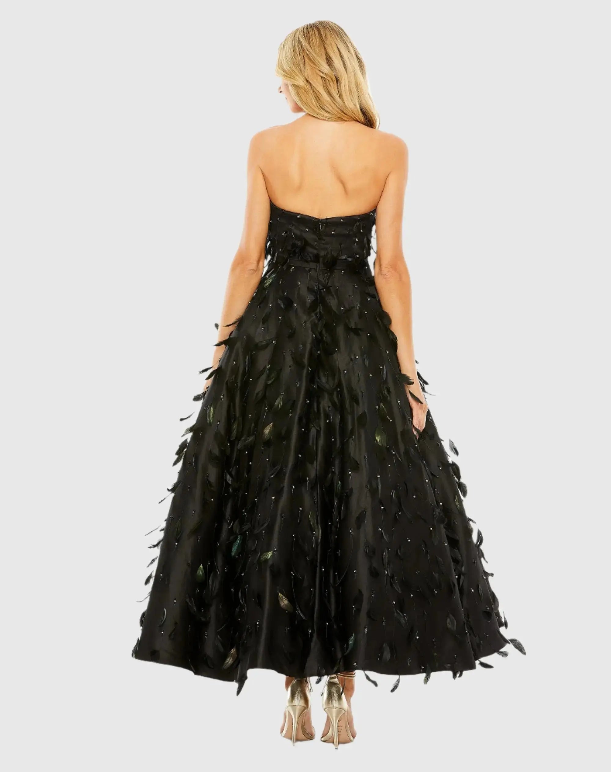 Black Strapless Feather Embellished Satin A-Line Dress-Myartka