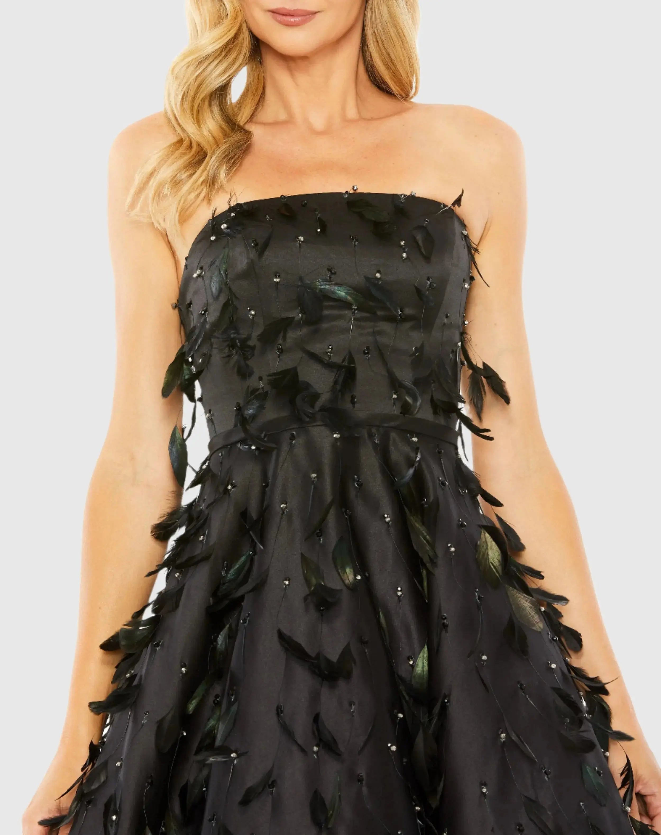 Black Strapless Feather Embellished Satin A-Line Dress-Myartka