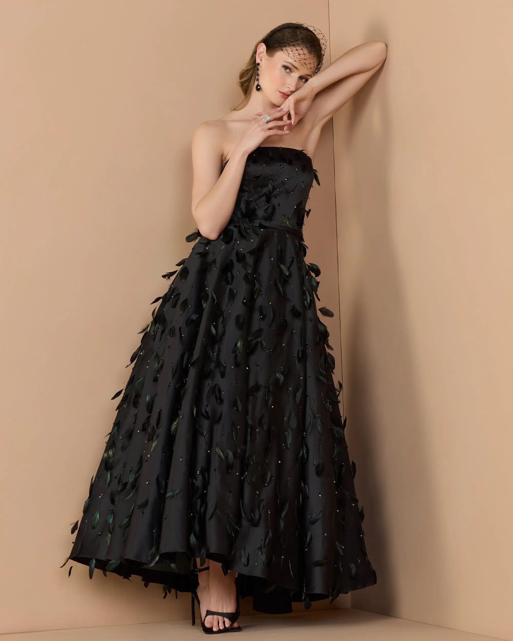 Black Strapless Feather Embellished Satin A-Line Dress-Myartka