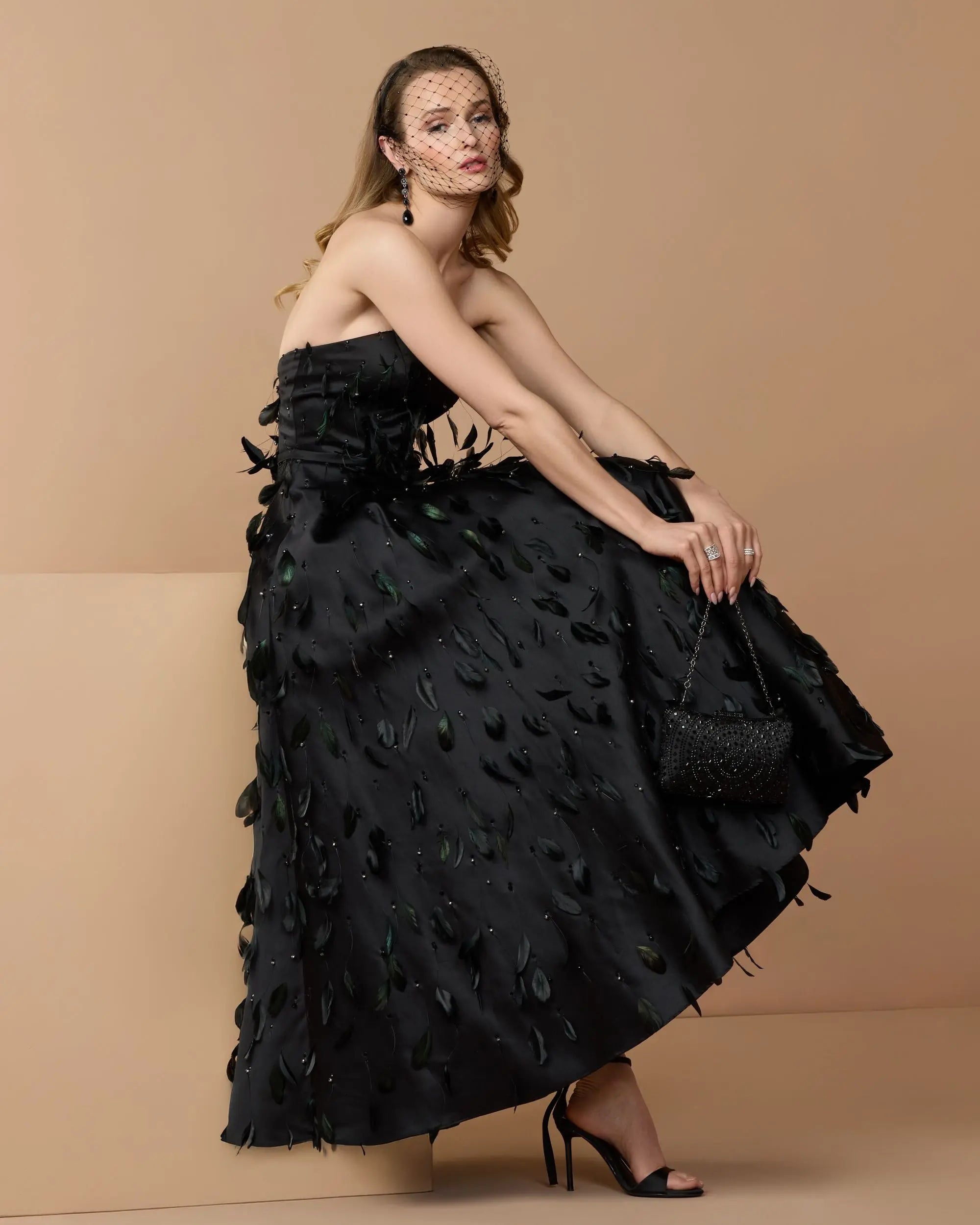 Black Strapless Feather Embellished Satin A-Line Dress-Myartka
