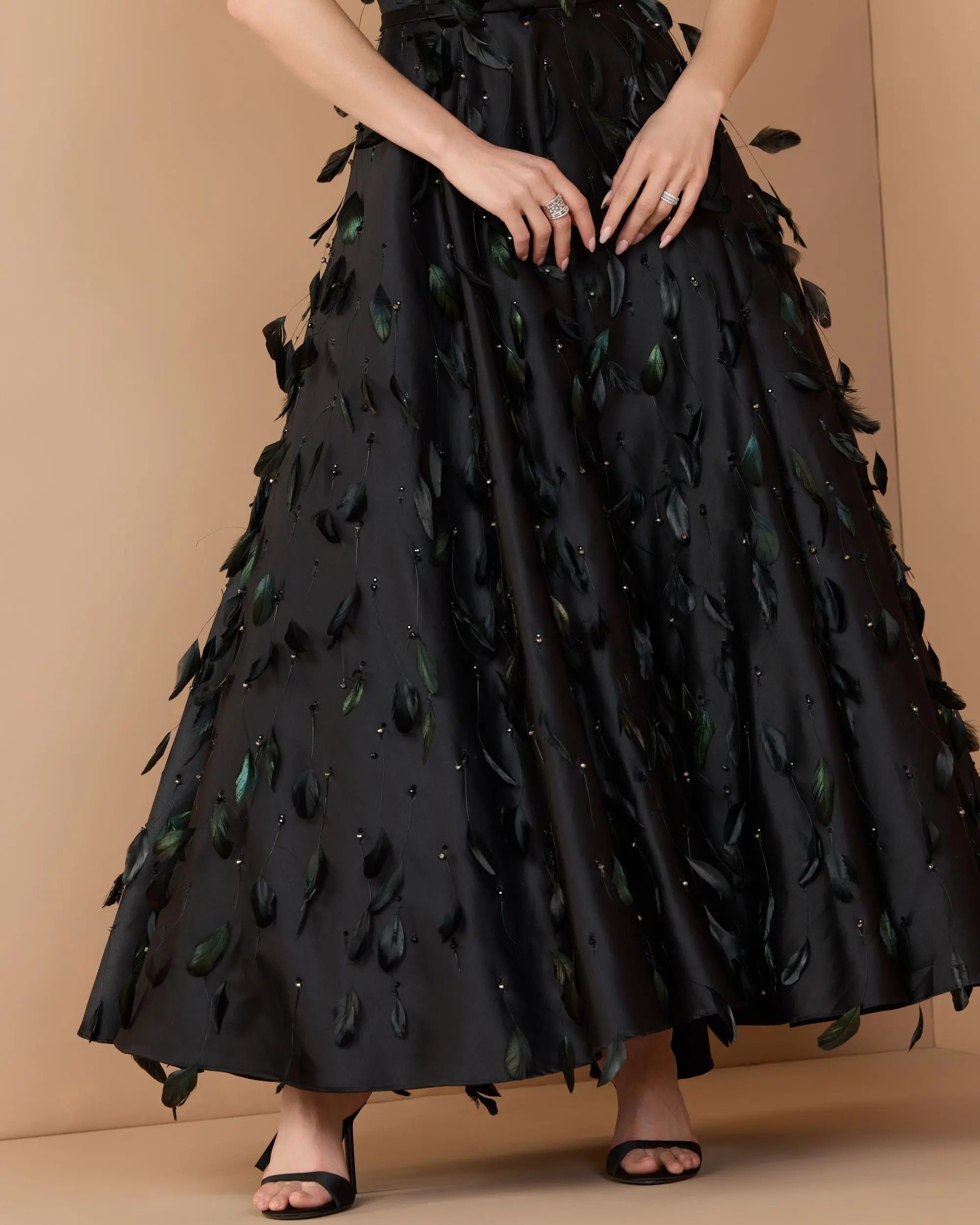 Black Strapless Feather Embellished Satin A-Line Dress-Myartka