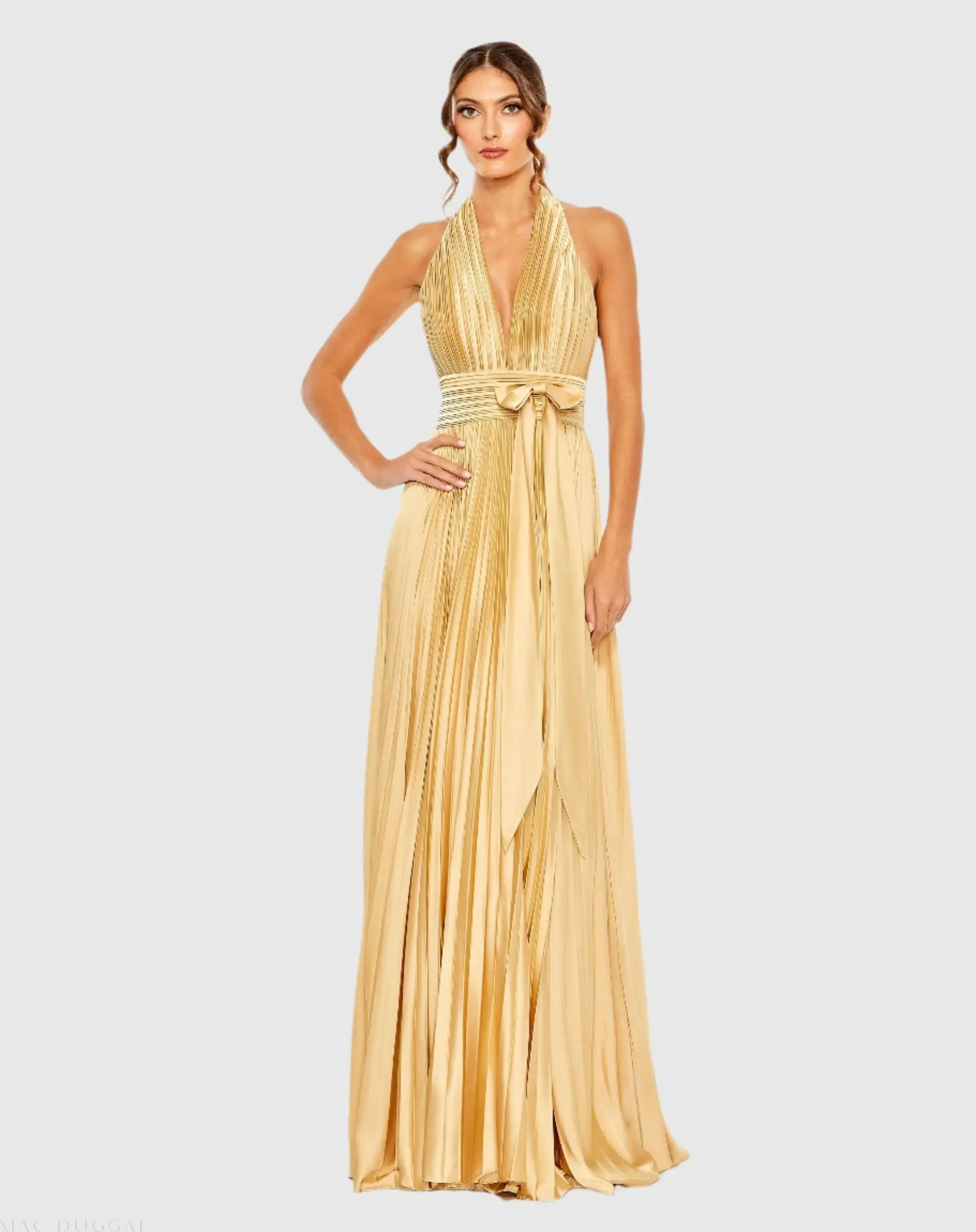 Gold Pleated Halter Neck Gown with Center Bow-Myartka