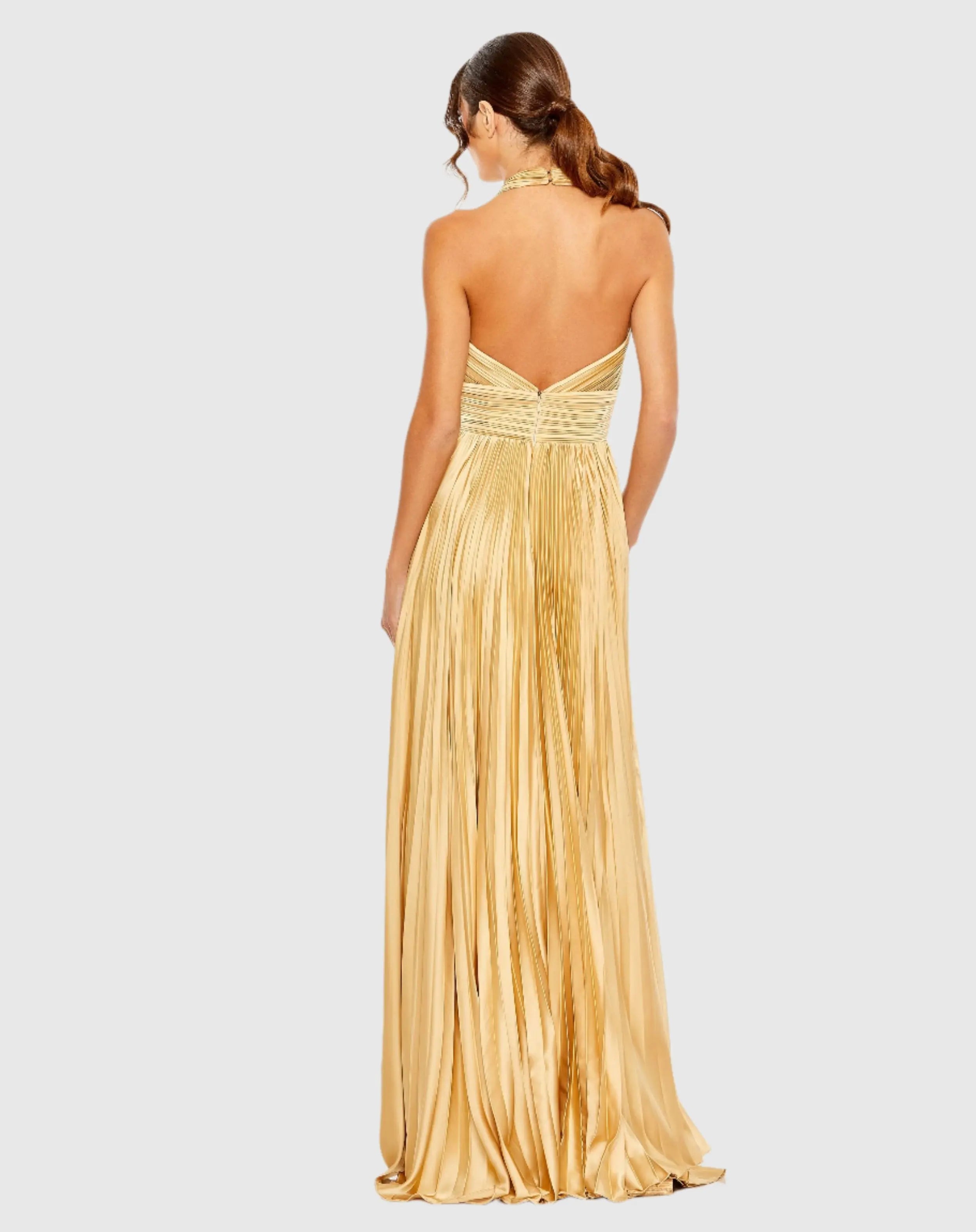 Gold Pleated Halter Neck Gown with Center Bow-Myartka