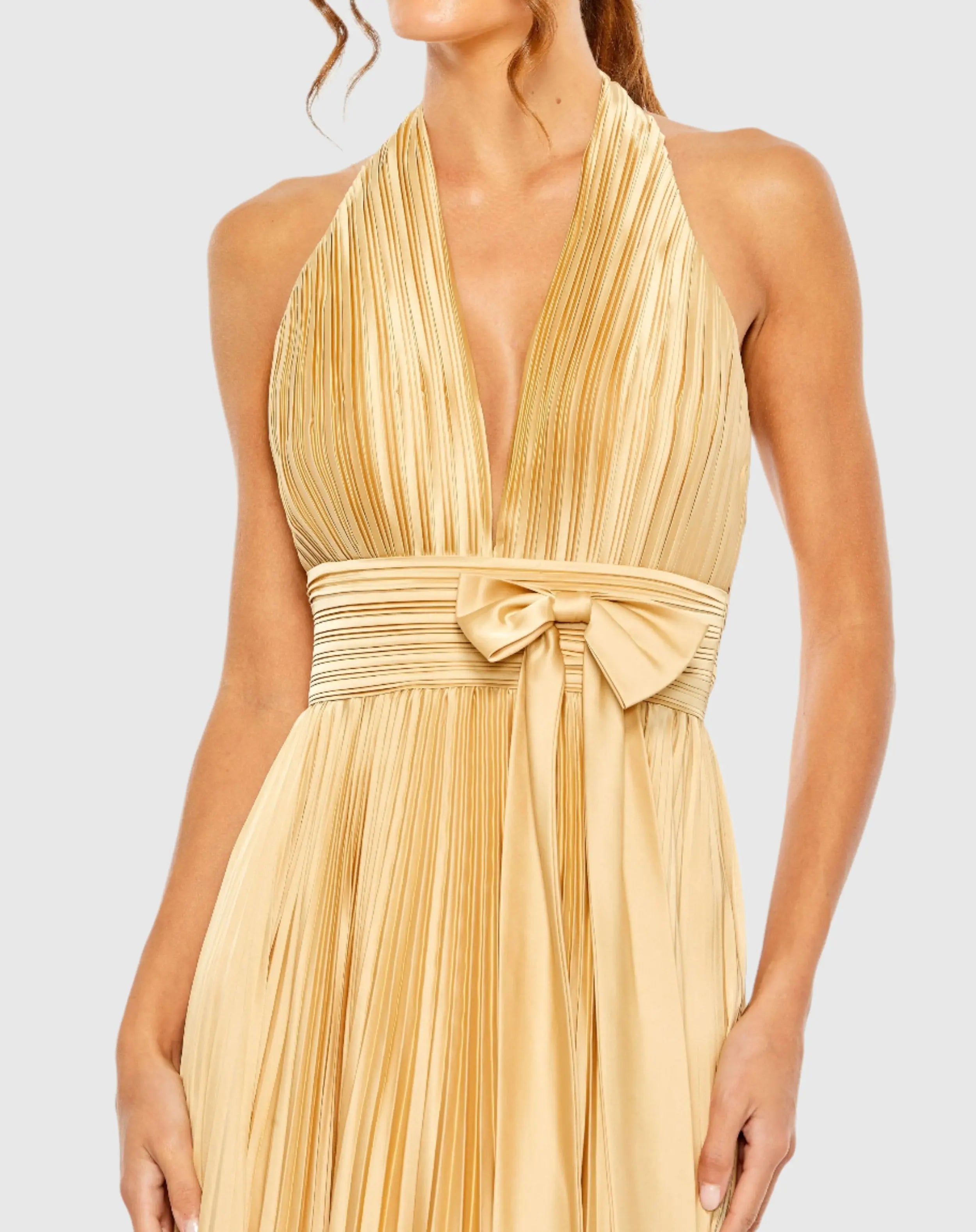 Gold Pleated Halter Neck Gown with Center Bow-Myartka