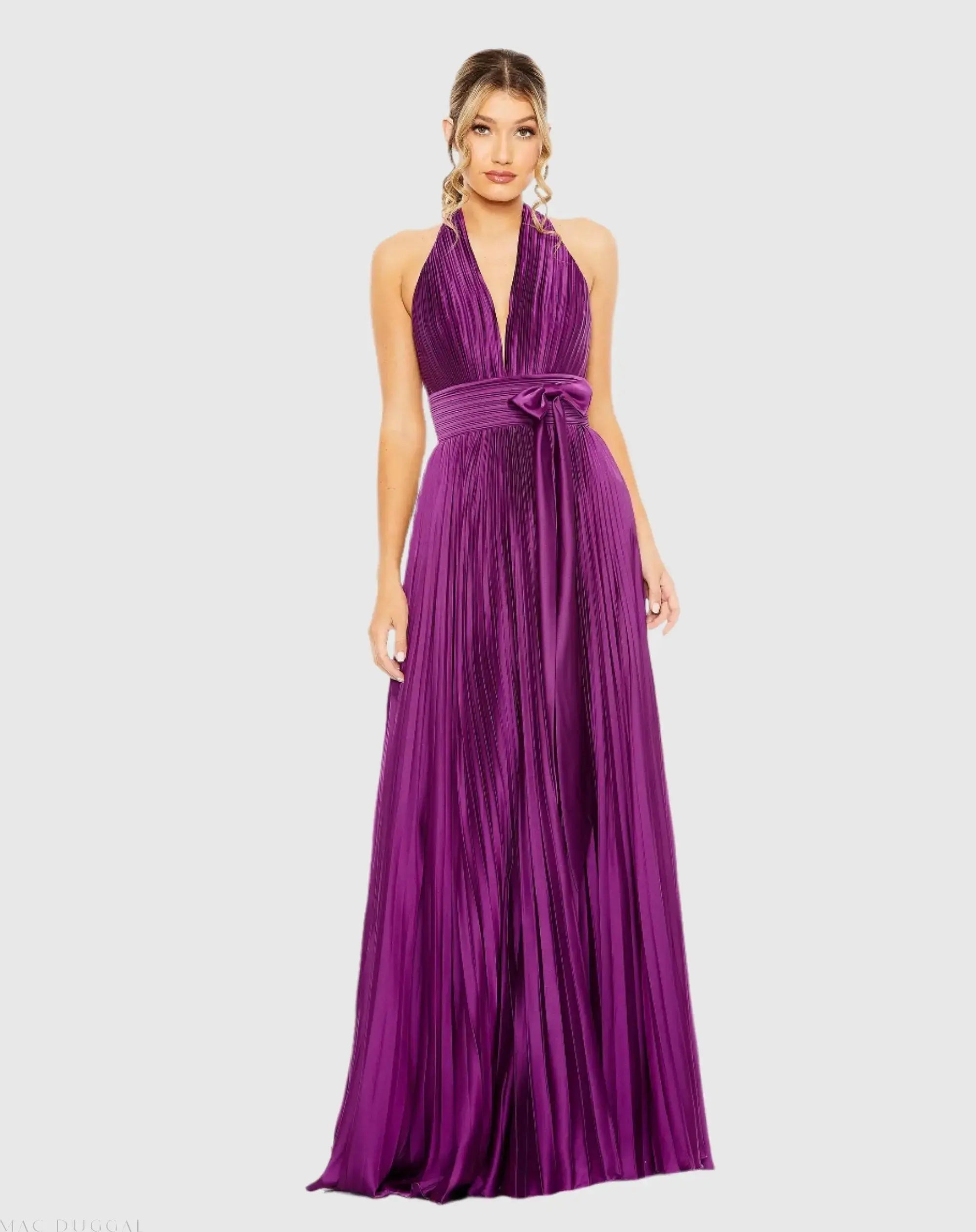 Purple Pleated Halter Neck Gown with Center Bow-Myartka