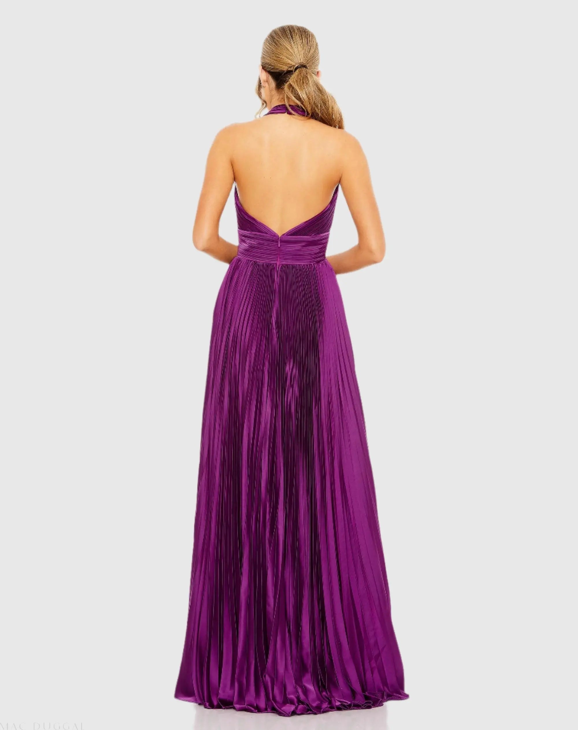 Purple Pleated Halter Neck Gown with Center Bow-Myartka