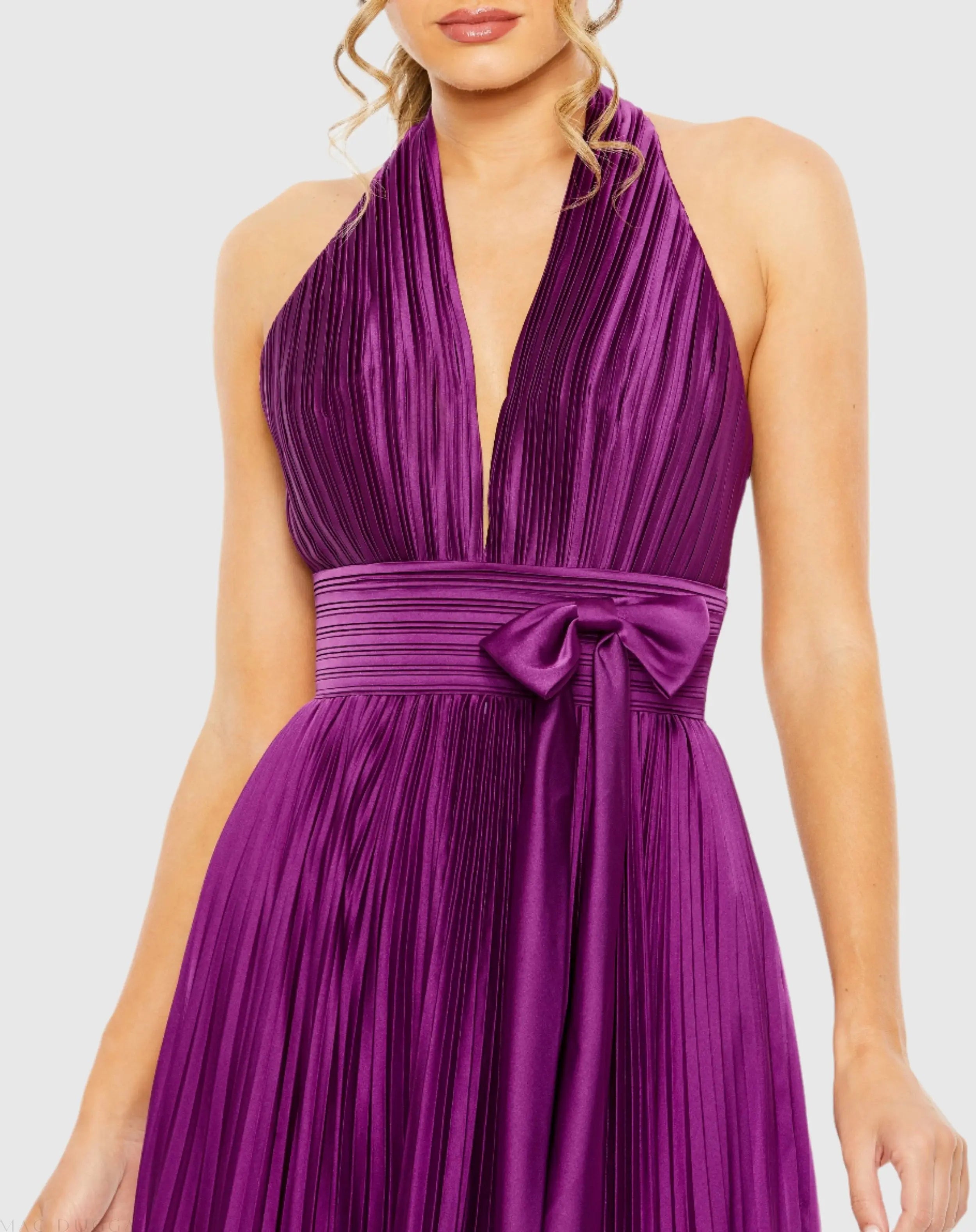 Purple Pleated Halter Neck Gown with Center Bow-Myartka