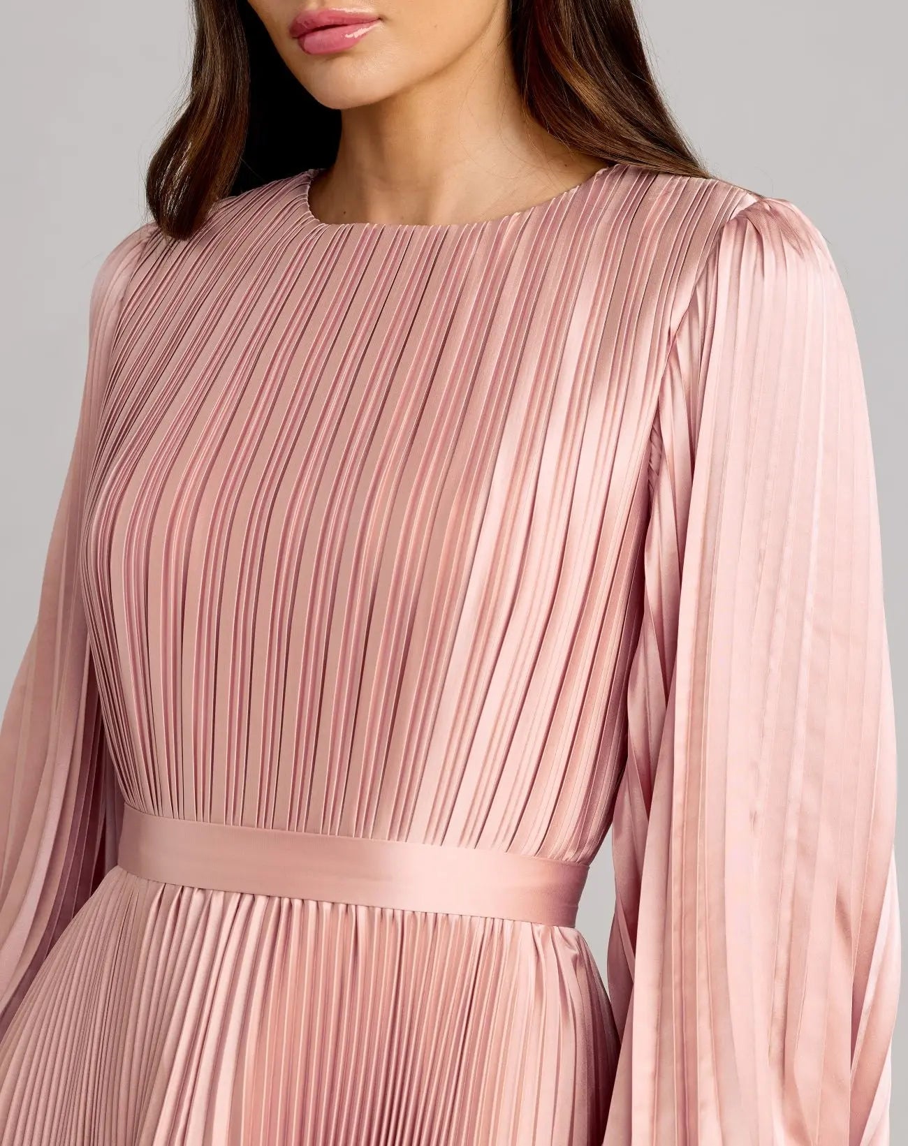 Pink Long Sleeve Pleated Charmeuse Handkerchief Dress-Myartka