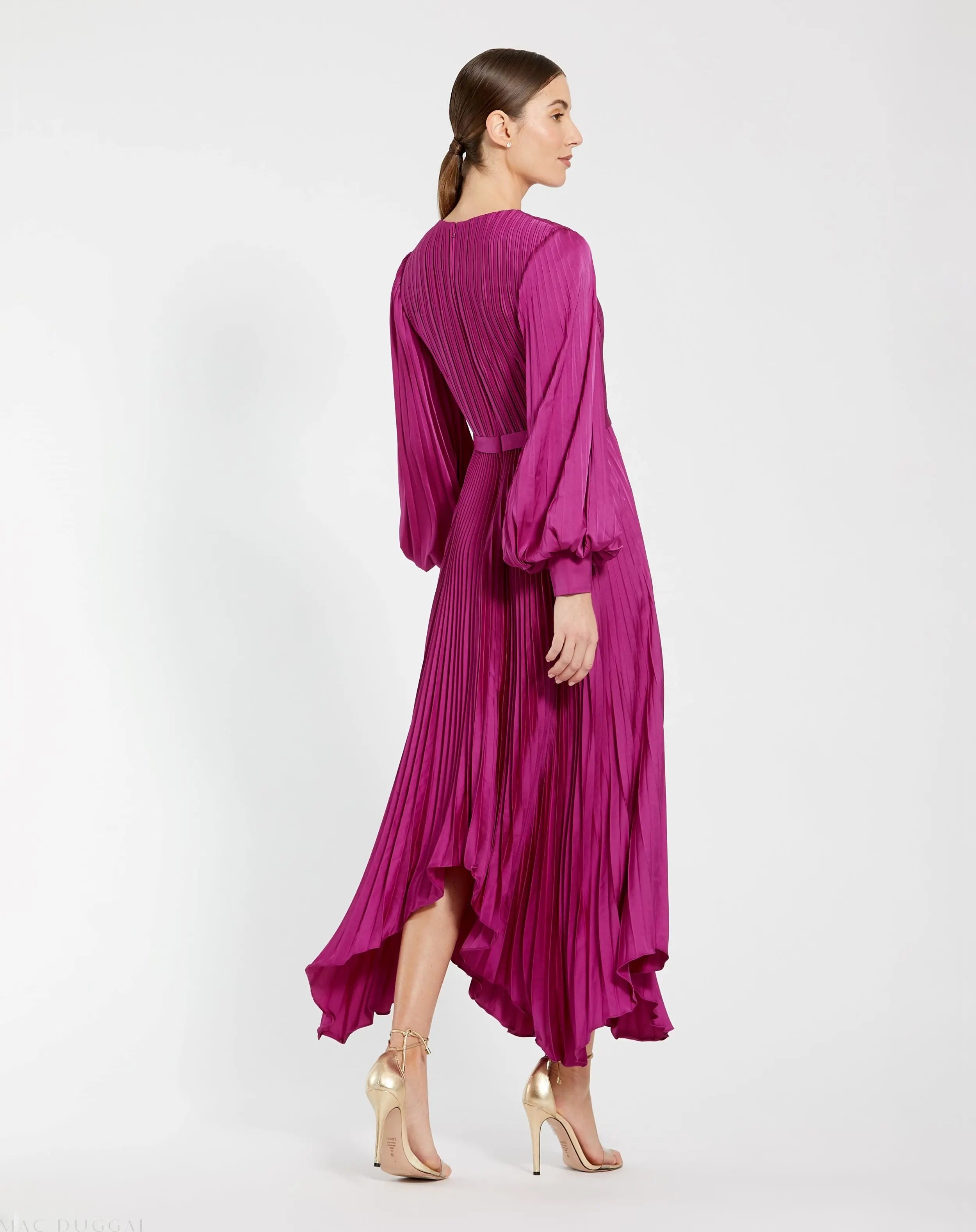 Purple Long Sleeve Pleated Charmeuse Handkerchief Dress-Myartka