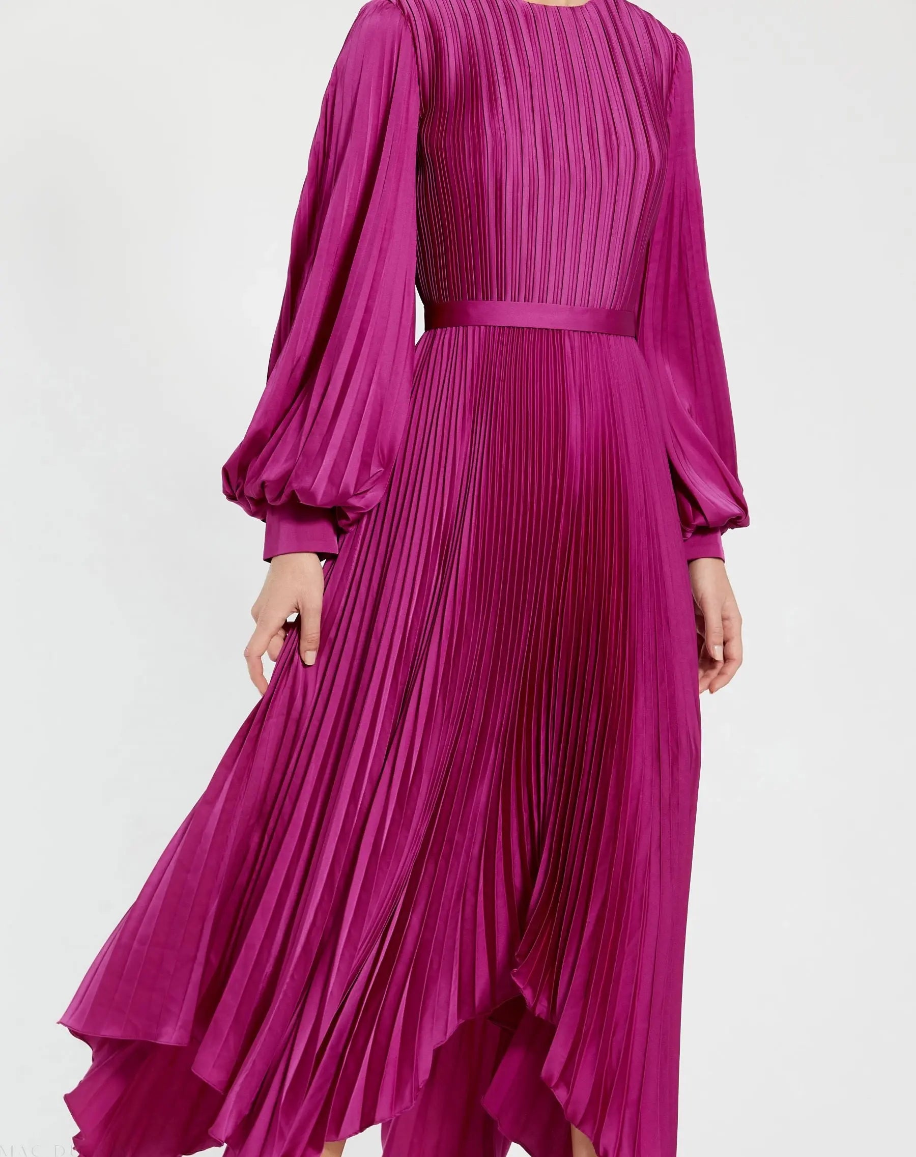 Purple Long Sleeve Pleated Charmeuse Handkerchief Dress-Myartka
